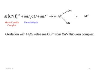   

 

mH
CO
mH
CN
M
m
n
m 2
mH2C
CN
OH
Mn+
Oxidation with H2O2 releases Cu2+ from Cu+-Thiourea complex.
Metal-Cyanide
Complex
Formaldehyde
2020-03-28 49
 