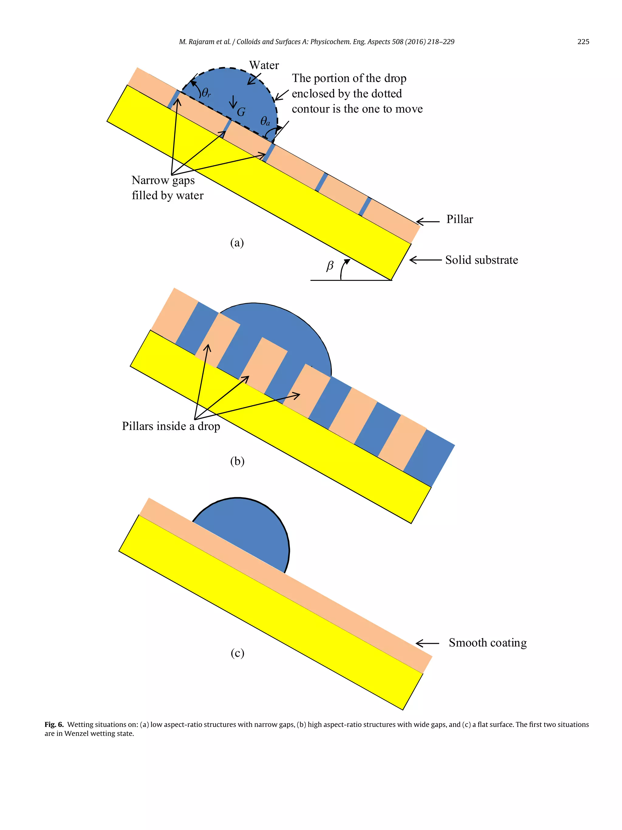 M. Rajaram et al. / Colloids and Surfaces A: Physicochem. Eng. Aspects 508 (2016) 218–229 225
(a)
(b)
(c)
Fig. 6. Wetting situations on: (a) low aspect-ratio structures with narrow gaps, (b) high aspect-ratio structures with wide gaps, and (c) a ﬂat surface. The ﬁrst two situations
are in Wenzel wetting state.
 
