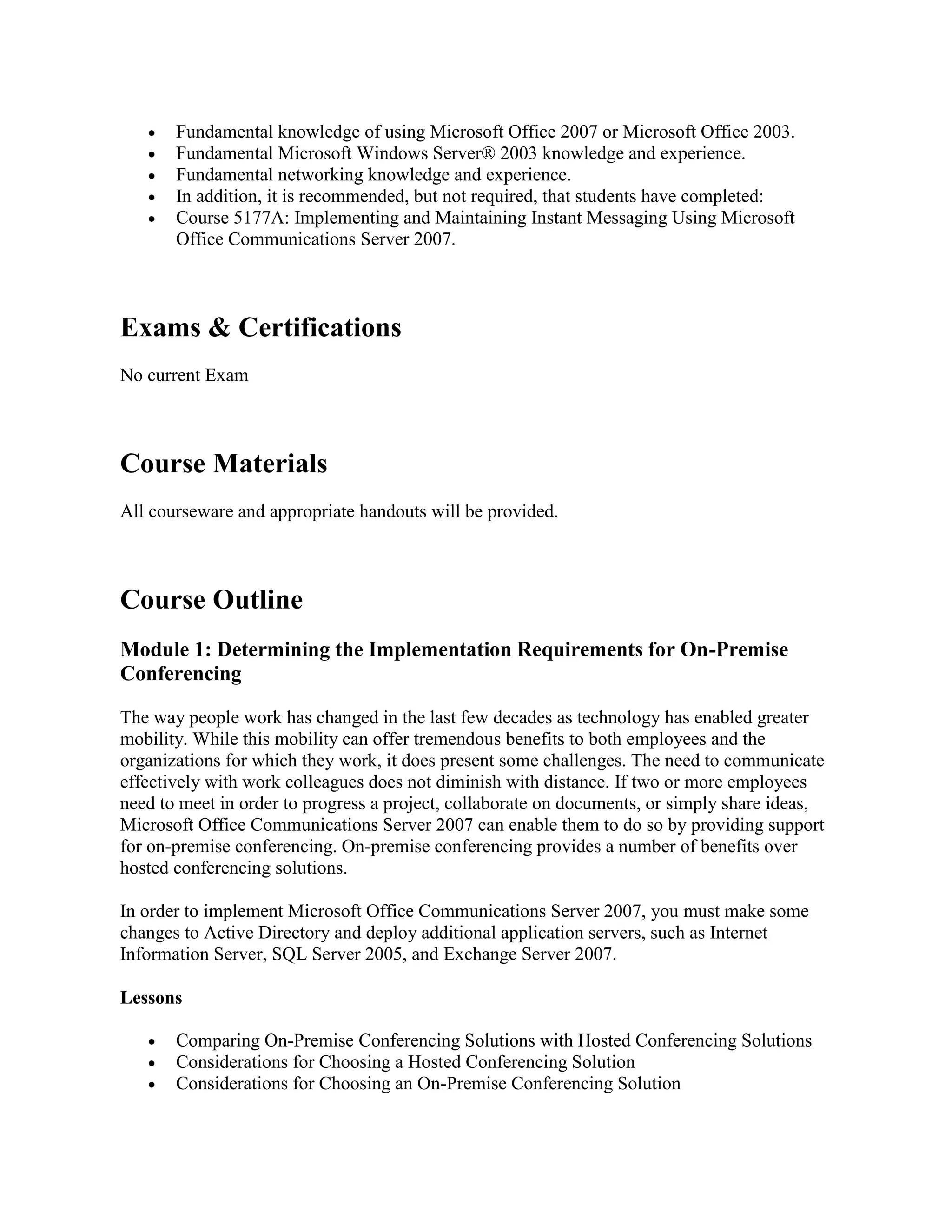 5178 implementing and maintaining audio visual conferencing and web conferencing using microsoft office communications server 2007