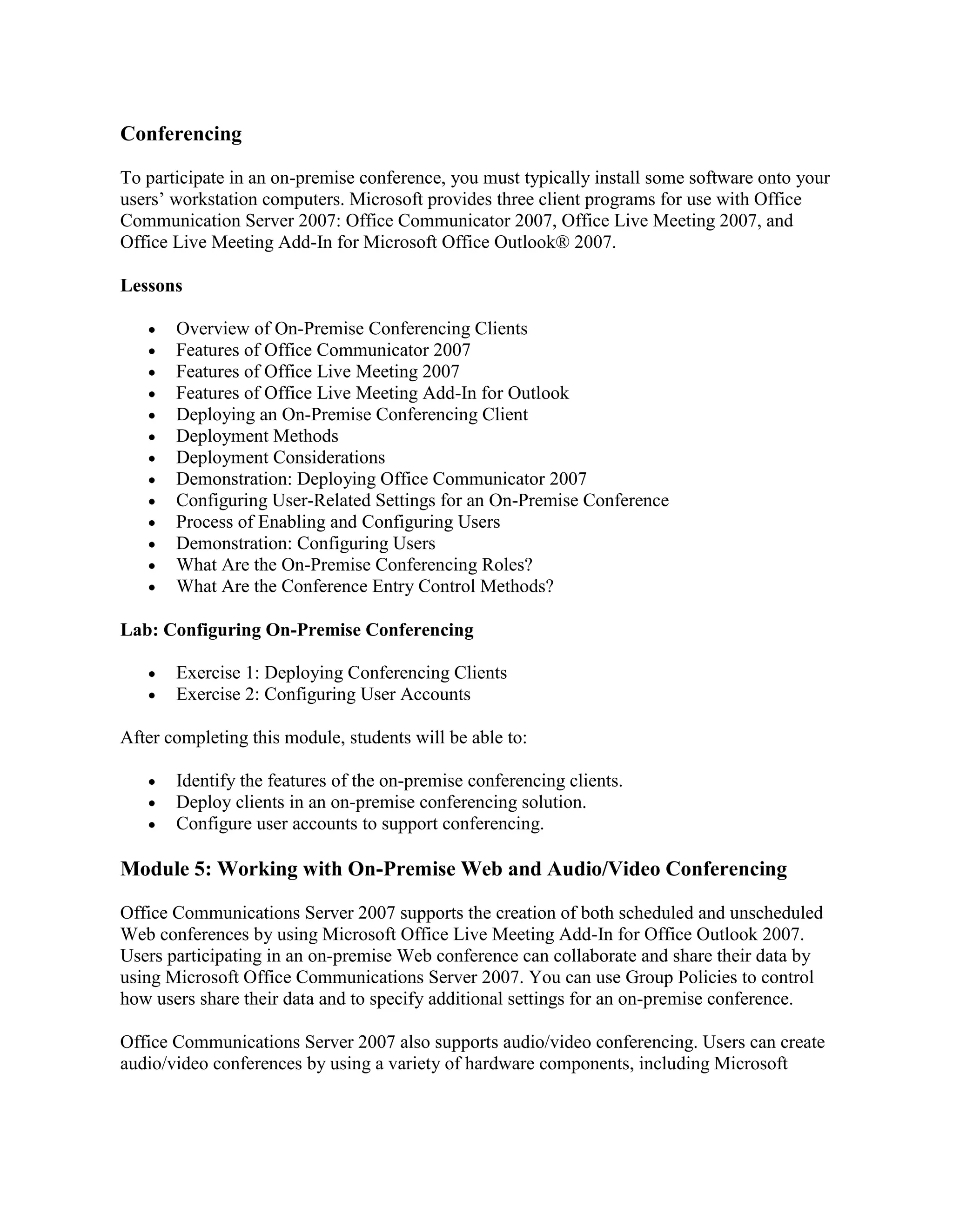 5178 implementing and maintaining audio visual conferencing and web conferencing using microsoft office communications server 2007
