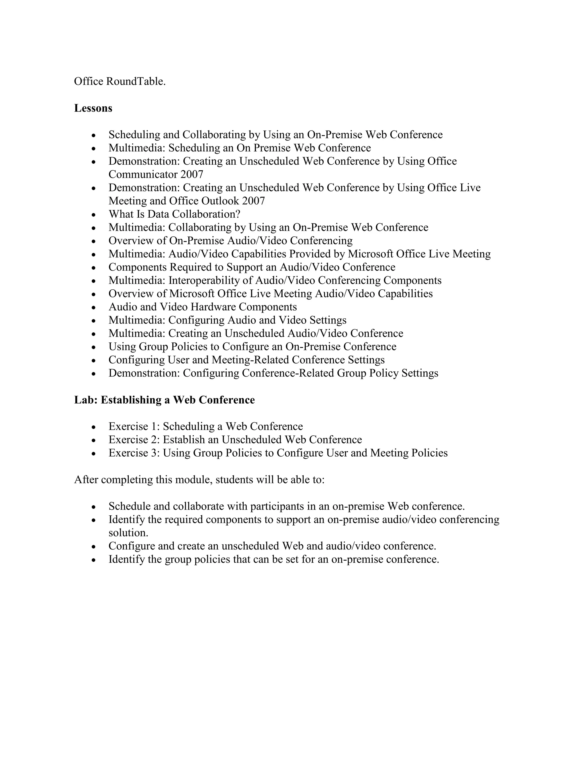 5178 implementing and maintaining audio visual conferencing and web conferencing using microsoft office communications server 2007