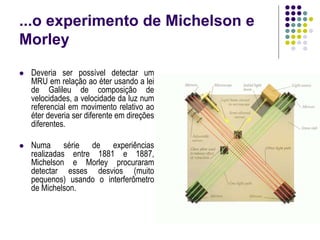 ...o experimento de Michelson e
Morley
 Deveria ser possível detectar um
MRU em relação ao éter usando a lei
de Galileu de composição de
velocidades, a velocidade da luz num
referencial em movimento relativo ao
éter deveria ser diferente em direções
diferentes.
 Numa série de experiências
realizadas entre 1881 e 1887,
Michelson e Morley procuraram
detectar esses desvios (muito
pequenos) usando o interferômetro
de Michelson.
 