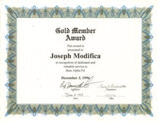 Joseph Modifica CPA Beta Alpha Psi Gold Member Award Dated 12-03-96