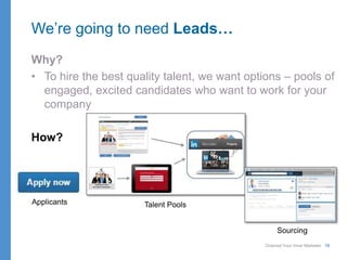 Channel Your Inner Marketer 16
Why?
• To hire the best quality talent, we want options – pools of
engaged, excited candidates who want to work for your
company
How?
We’re going to need Leads…
Applicants Talent Pools
Sourcing
 