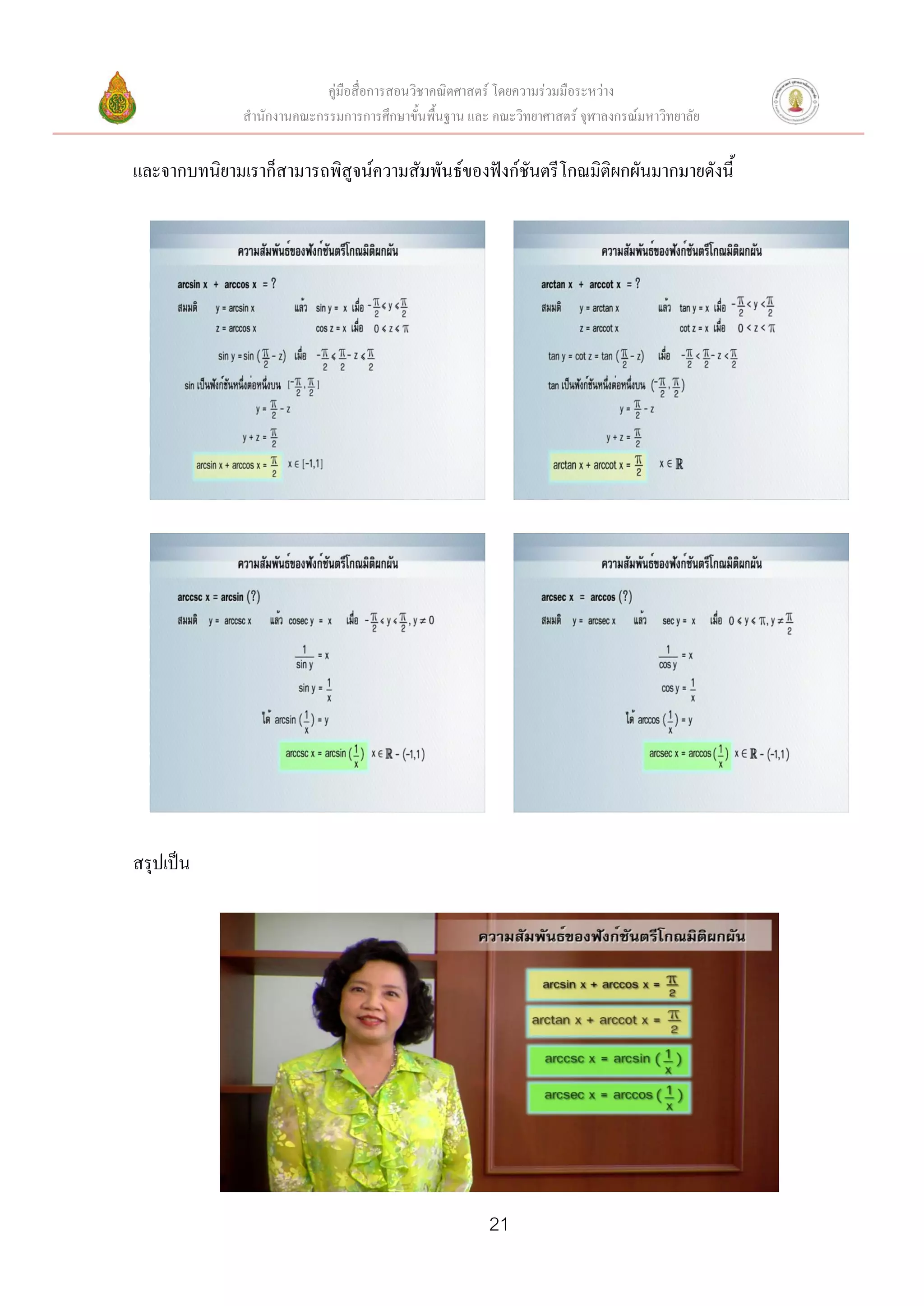 คู่มือสื่อการสอนวิชาคณิตศาสตร์ โดยความร่วมมือระหว่าง
              สานักงานคณะกรรมการการศึกษาขั้นพื้นฐาน และ คณะวิทยาศาสตร์ จุฬาลงกรณ์มหาวิทยาลัย


และจากบทนิยามเราก็สามารถพิสูจน์ความสัมพันธ์ของฟังก์ชันตรีโกณมิติผกผันมากมายดังนี้




สรุปเป็น




                                                        21
 