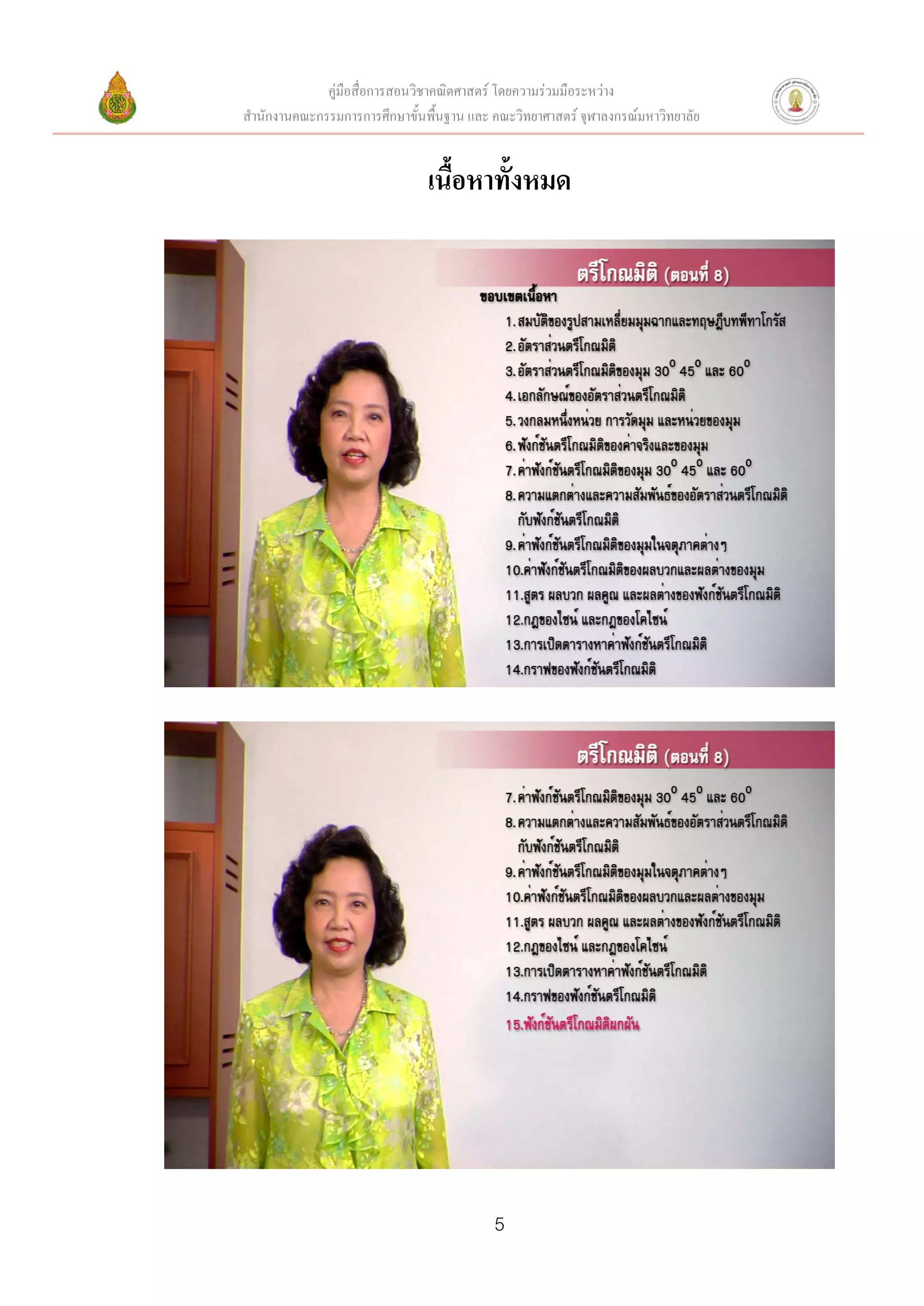 คู่มือสื่อการสอนวิชาคณิตศาสตร์ โดยความร่วมมือระหว่าง
สานักงานคณะกรรมการการศึกษาขั้นพื้นฐาน และ คณะวิทยาศาสตร์ จุฬาลงกรณ์มหาวิทยาลัย


                               เนื้อหาทั้งหมด




                                          5
 