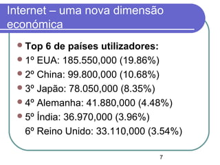 7
Internet – uma nova dimensão
económica
Top 6 de países utilizadores:
1º EUA: 185.550,000 (19.86%)
2º China: 99.800,000 (10.68%)
3º Japão: 78.050,000 (8.35%)
4º Alemanha: 41.880,000 (4.48%)
5º Índia: 36.970,000 (3.96%)
6º Reino Unido: 33.110,000 (3.54%)
 