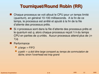 6.18 URD L2 2005
Systèmes d’exploitation
Tourniquet/Round Robin (RR)
Tourniquet/Round Robin (RR)
 Chaque processus se voit alloué le CPU pour un temps limité
(quantum), en général 10-100 milliseconds. A la fin de ce
temps, le processus est arrêté et ajouté à la fin de la file
d’attente des processus prêts.
 Si n processus sont dans la file d’attente des processus prêts et
le quantum est q, alors chaque processus reçoit 1/n du temps
CPU en parties de q unités. Aucun processus attend plus de (n-
1)q.
 Performance
 q large  FIFO
 q petit  q doit être large comparé au temps de commutation de
tâche, sinon l’overhead est trop grand
 