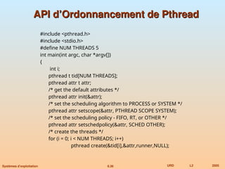 6.36 URD L2 2005
Systèmes d’exploitation
API d’Ordonnancement de Pthread
API d’Ordonnancement de Pthread
#include <pthread.h>
#include <stdio.h>
#define NUM THREADS 5
int main(int argc, char *argv[])
{
int i;
pthread t tid[NUM THREADS];
pthread attr t attr;
/* get the default attributes */
pthread attr init(&attr);
/* set the scheduling algorithm to PROCESS or SYSTEM */
pthread attr setscope(&attr, PTHREAD SCOPE SYSTEM);
/* set the scheduling policy - FIFO, RT, or OTHER */
pthread attr setschedpolicy(&attr, SCHED OTHER);
/* create the threads */
for (i = 0; i < NUM THREADS; i++)
pthread create(&tid[i],&attr,runner,NULL);
 