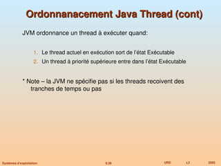 6.39 URD L2 2005
Systèmes d’exploitation
Ordonnanacement Java Thread (cont)
Ordonnanacement Java Thread (cont)
JVM ordonnance un thread à exécuter quand:
1. Le thread actuel en exécution sort de l’état Exécutable
2. Un thread à priorité supérieure entre dans l’état Exécutable
* Note – la JVM ne spécifie pas si les threads recoivent des
tranches de temps ou pas
 
