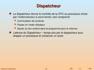 6.6 URD L2 2005
Systèmes d’exploitation
Dispatcheur
Dispatcheur
 Le dispatcheur donne le contrôle de la CPU au processus choisi
par l’ordonnanceur à court terme; ceci comprend:
 Commutation de contexte
 Passer en mode utilisateur
 Sauter au bon endroit dans le programme pour le relancer
 Latence du Dispatcheur – temps pris par le dispatcheur pour
stopper un processus et (re)lancer un autre
 