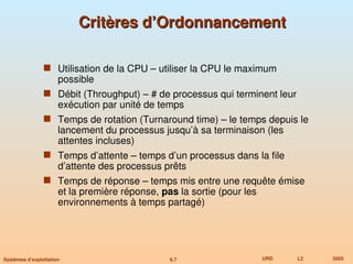 6.7 URD L2 2005
Systèmes d’exploitation
Critères d’Ordonnancement
Critères d’Ordonnancement
 Utilisation de la CPU – utiliser la CPU le maximum
possible
 Débit (Throughput) – # de processus qui terminent leur
exécution par unité de temps
 Temps de rotation (Turnaround time) – le temps depuis le
lancement du processus jusqu’à sa terminaison (les
attentes incluses)
 Temps d’attente – temps d’un processus dans la file
d’attente des processus prêts
 Temps de réponse – temps mis entre une requête émise
et la première réponse, pas la sortie (pour les
environnements à temps partagé)
 