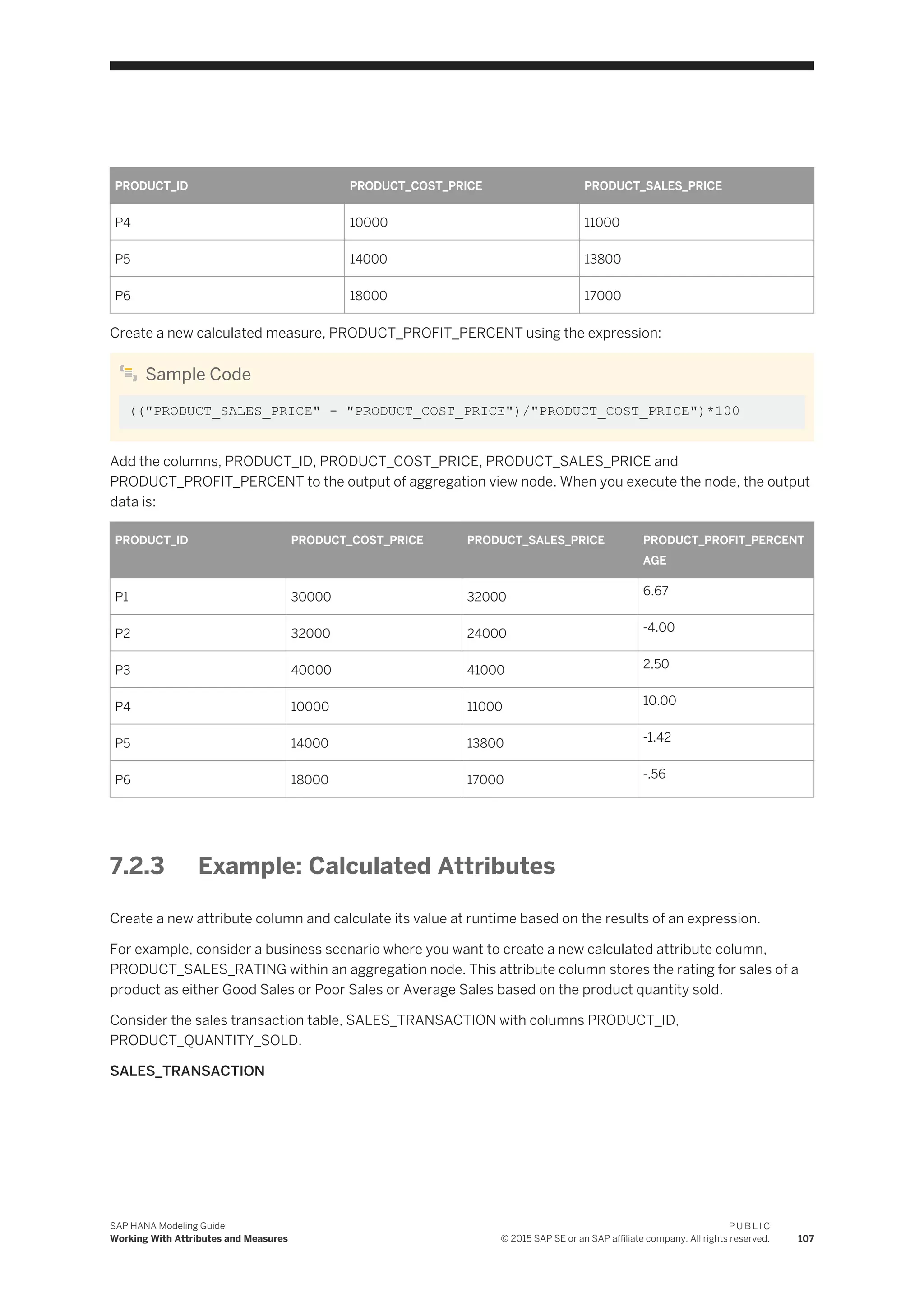 PRODUCT_ID PRODUCT_COST_PRICE PRODUCT_SALES_PRICE
P4 10000 11000
P5 14000 13800
P6 18000 17000
Create a new calculated measure, PRODUCT_PROFIT_PERCENT using the expression:
Sample Code
(("PRODUCT_SALES_PRICE" - "PRODUCT_COST_PRICE")/"PRODUCT_COST_PRICE")*100
Add the columns, PRODUCT_ID, PRODUCT_COST_PRICE, PRODUCT_SALES_PRICE and
PRODUCT_PROFIT_PERCENT to the output of aggregation view node. When you execute the node, the output
data is:
PRODUCT_ID PRODUCT_COST_PRICE PRODUCT_SALES_PRICE PRODUCT_PROFIT_PERCENT
AGE
P1 30000 32000 6.67
P2 32000 24000 -4.00
P3 40000 41000 2.50
P4 10000 11000 10.00
P5 14000 13800 -1.42
P6 18000 17000 -.56
7.2.3 Example: Calculated Attributes
Create a new attribute column and calculate its value at runtime based on the results of an expression.
For example, consider a business scenario where you want to create a new calculated attribute column,
PRODUCT_SALES_RATING within an aggregation node. This attribute column stores the rating for sales of a
product as either Good Sales or Poor Sales or Average Sales based on the product quantity sold.
Consider the sales transaction table, SALES_TRANSACTION with columns PRODUCT_ID,
PRODUCT_QUANTITY_SOLD.
SALES_TRANSACTION
SAP HANA Modeling Guide
Working With Attributes and Measures
P U B L I C
© 2015 SAP SE or an SAP affiliate company. All rights reserved. 107
 