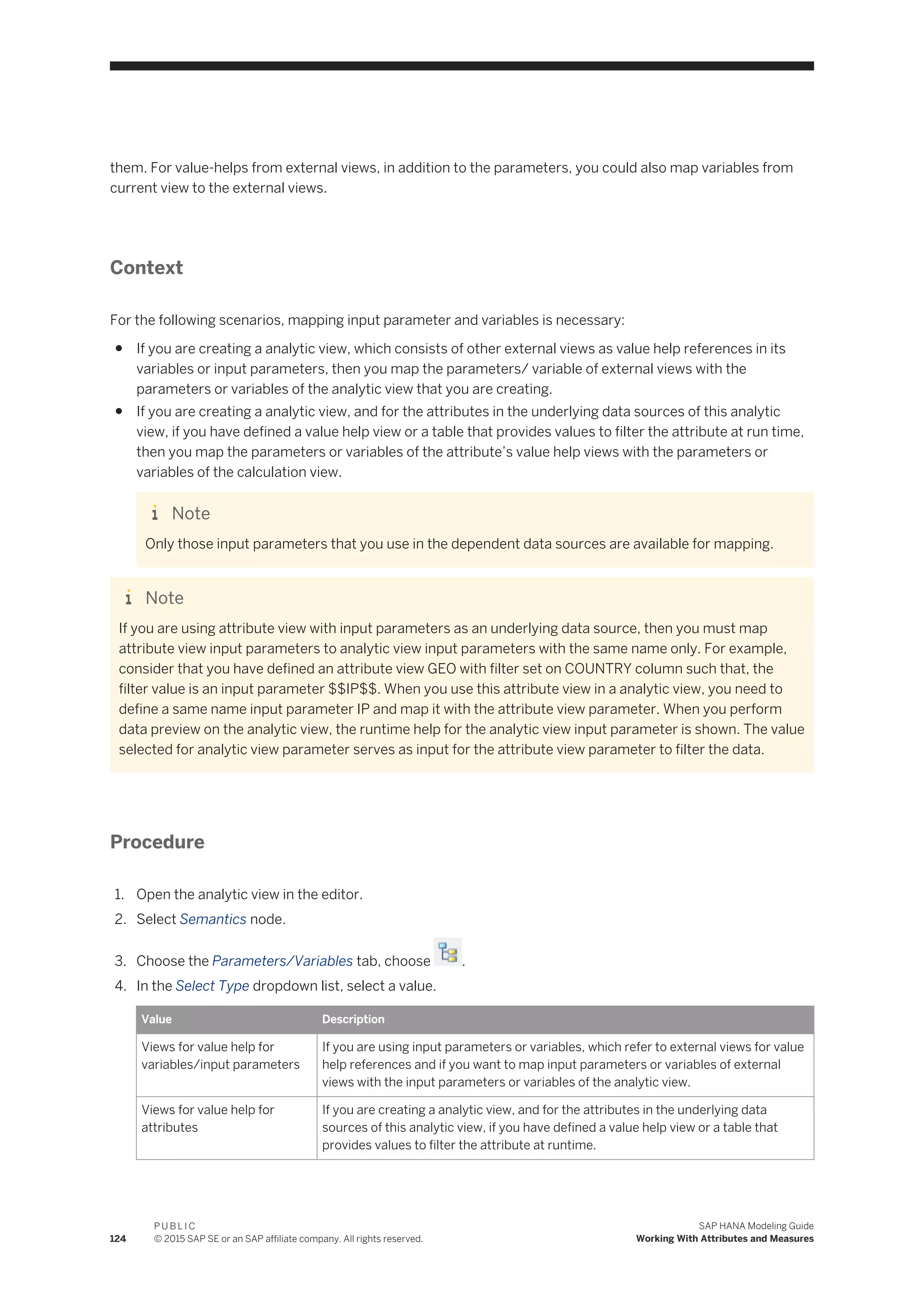 them. For value-helps from external views, in addition to the parameters, you could also map variables from
current view to the external views.
Context
For the following scenarios, mapping input parameter and variables is necessary:
● If you are creating a analytic view, which consists of other external views as value help references in its
variables or input parameters, then you map the parameters/ variable of external views with the
parameters or variables of the analytic view that you are creating.
● If you are creating a analytic view, and for the attributes in the underlying data sources of this analytic
view, if you have defined a value help view or a table that provides values to filter the attribute at run time,
then you map the parameters or variables of the attribute’s value help views with the parameters or
variables of the calculation view.
Note
Only those input parameters that you use in the dependent data sources are available for mapping.
Note
If you are using attribute view with input parameters as an underlying data source, then you must map
attribute view input parameters to analytic view input parameters with the same name only. For example,
consider that you have defined an attribute view GEO with filter set on COUNTRY column such that, the
filter value is an input parameter $$IP$$. When you use this attribute view in a analytic view, you need to
define a same name input parameter IP and map it with the attribute view parameter. When you perform
data preview on the analytic view, the runtime help for the analytic view input parameter is shown. The value
selected for analytic view parameter serves as input for the attribute view parameter to filter the data.
Procedure
1. Open the analytic view in the editor.
2. Select Semantics node.
3. Choose the Parameters/Variables tab, choose .
4. In the Select Type dropdown list, select a value.
Value Description
Views for value help for
variables/input parameters
If you are using input parameters or variables, which refer to external views for value
help references and if you want to map input parameters or variables of external
views with the input parameters or variables of the analytic view.
Views for value help for
attributes
If you are creating a analytic view, and for the attributes in the underlying data
sources of this analytic view, if you have defined a value help view or a table that
provides values to filter the attribute at runtime.
124
P U B L I C
© 2015 SAP SE or an SAP affiliate company. All rights reserved.
SAP HANA Modeling Guide
Working With Attributes and Measures
 