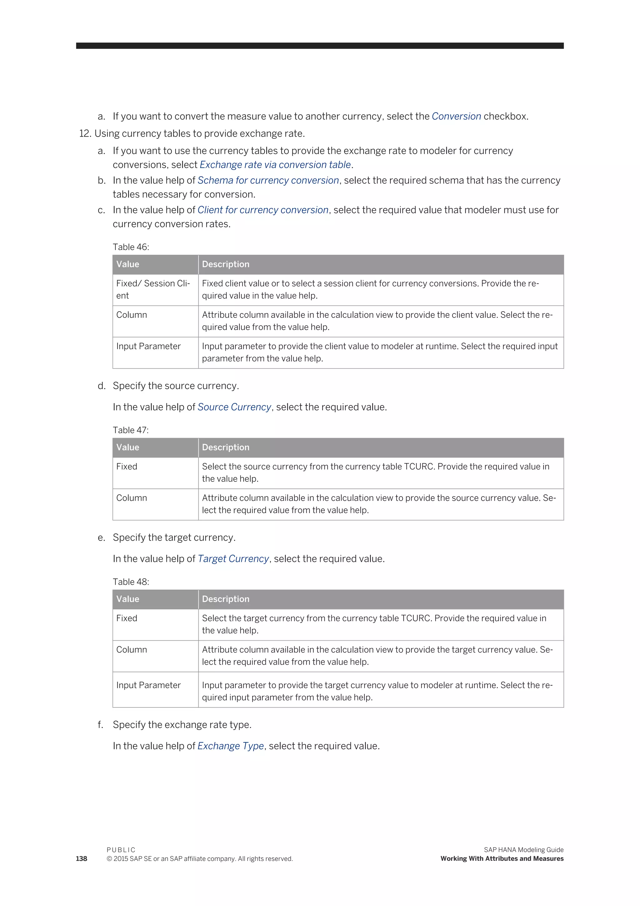 a. If you want to convert the measure value to another currency, select the Conversion checkbox.
12. Using currency tables to provide exchange rate.
a. If you want to use the currency tables to provide the exchange rate to modeler for currency
conversions, select Exchange rate via conversion table.
b. In the value help of Schema for currency conversion, select the required schema that has the currency
tables necessary for conversion.
c. In the value help of Client for currency conversion, select the required value that modeler must use for
currency conversion rates.
Table 46:
Value Description
Fixed/ Session Cli­
ent
Fixed client value or to select a session client for currency conversions. Provide the re­
quired value in the value help.
Column Attribute column available in the calculation view to provide the client value. Select the re­
quired value from the value help.
Input Parameter Input parameter to provide the client value to modeler at runtime. Select the required input
parameter from the value help.
d. Specify the source currency.
In the value help of Source Currency, select the required value.
Table 47:
Value Description
Fixed Select the source currency from the currency table TCURC. Provide the required value in
the value help.
Column Attribute column available in the calculation view to provide the source currency value. Se­
lect the required value from the value help.
e. Specify the target currency.
In the value help of Target Currency, select the required value.
Table 48:
Value Description
Fixed Select the target currency from the currency table TCURC. Provide the required value in
the value help.
Column Attribute column available in the calculation view to provide the target currency value. Se­
lect the required value from the value help.
Input Parameter Input parameter to provide the target currency value to modeler at runtime. Select the re­
quired input parameter from the value help.
f. Specify the exchange rate type.
In the value help of Exchange Type, select the required value.
138
P U B L I C
© 2015 SAP SE or an SAP affiliate company. All rights reserved.
SAP HANA Modeling Guide
Working With Attributes and Measures
 