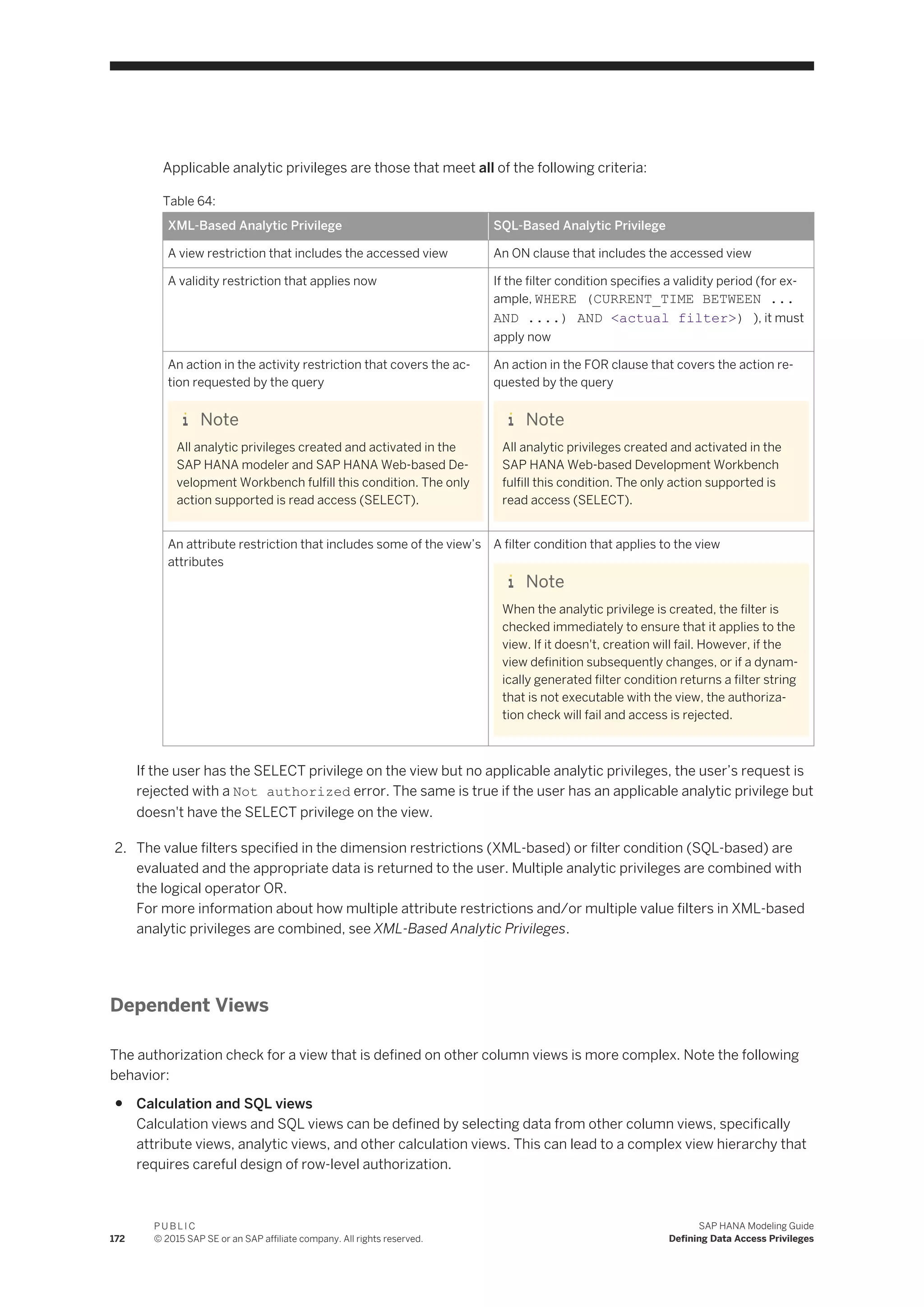 Applicable analytic privileges are those that meet all of the following criteria:
Table 64:
XML-Based Analytic Privilege SQL-Based Analytic Privilege
A view restriction that includes the accessed view An ON clause that includes the accessed view
A validity restriction that applies now If the filter condition specifies a validity period (for ex­
ample, WHERE (CURRENT_TIME BETWEEN ...
AND ....) AND <actual filter>) ), it must
apply now
An action in the activity restriction that covers the ac­
tion requested by the query
Note
All analytic privileges created and activated in the
SAP HANA modeler and SAP HANA Web-based De­
velopment Workbench fulfill this condition. The only
action supported is read access (SELECT).
An action in the FOR clause that covers the action re­
quested by the query
Note
All analytic privileges created and activated in the
SAP HANA Web-based Development Workbench
fulfill this condition. The only action supported is
read access (SELECT).
An attribute restriction that includes some of the view’s
attributes
A filter condition that applies to the view
Note
When the analytic privilege is created, the filter is
checked immediately to ensure that it applies to the
view. If it doesn't, creation will fail. However, if the
view definition subsequently changes, or if a dynam­
ically generated filter condition returns a filter string
that is not executable with the view, the authoriza­
tion check will fail and access is rejected.
If the user has the SELECT privilege on the view but no applicable analytic privileges, the user’s request is
rejected with a Not authorized error. The same is true if the user has an applicable analytic privilege but
doesn't have the SELECT privilege on the view.
2. The value filters specified in the dimension restrictions (XML-based) or filter condition (SQL-based) are
evaluated and the appropriate data is returned to the user. Multiple analytic privileges are combined with
the logical operator OR.
For more information about how multiple attribute restrictions and/or multiple value filters in XML-based
analytic privileges are combined, see XML-Based Analytic Privileges.
Dependent Views
The authorization check for a view that is defined on other column views is more complex. Note the following
behavior:
● Calculation and SQL views
Calculation views and SQL views can be defined by selecting data from other column views, specifically
attribute views, analytic views, and other calculation views. This can lead to a complex view hierarchy that
requires careful design of row-level authorization.
172
P U B L I C
© 2015 SAP SE or an SAP affiliate company. All rights reserved.
SAP HANA Modeling Guide
Defining Data Access Privileges
 