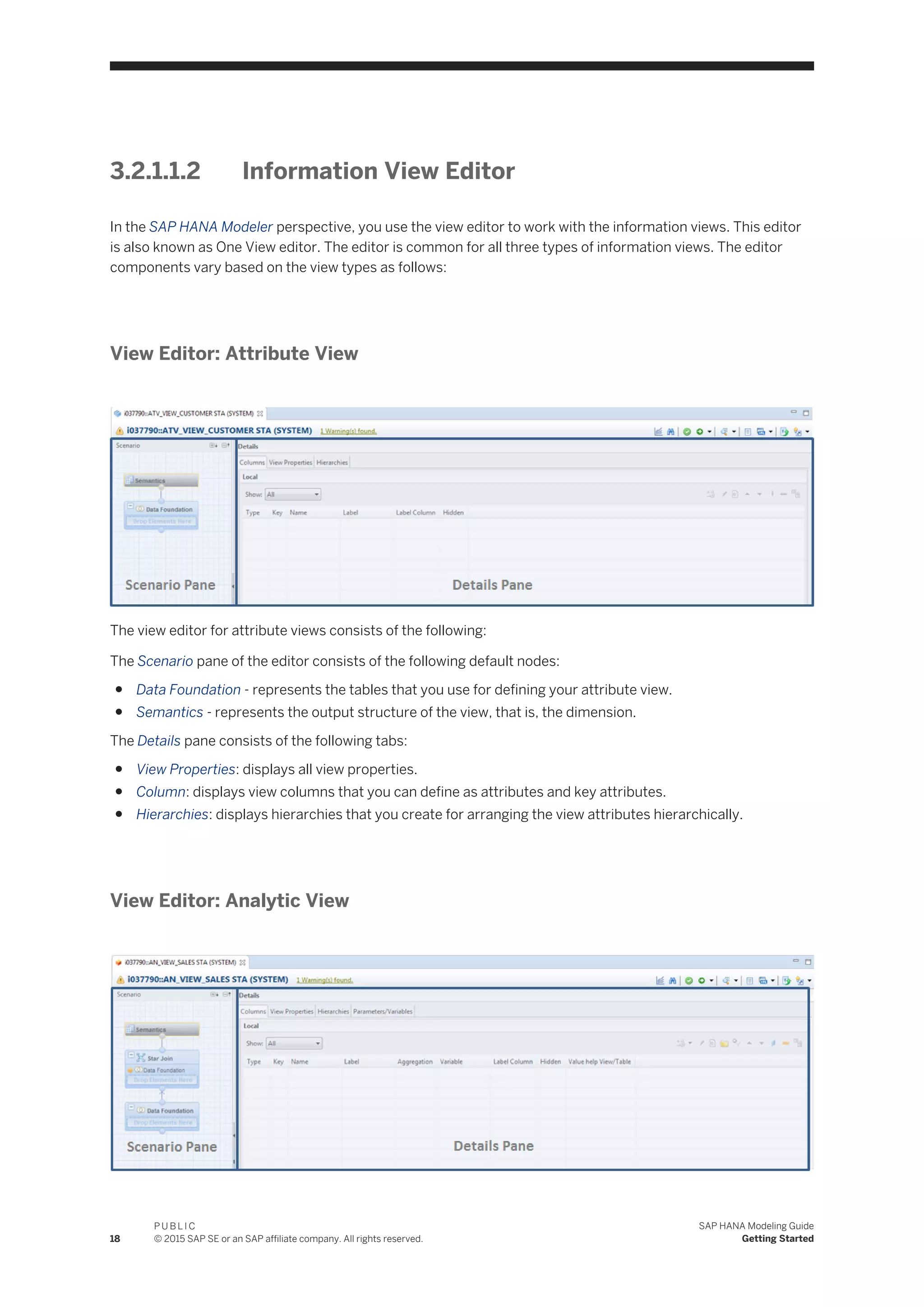 3.2.1.1.2 Information View Editor
In the SAP HANA Modeler perspective, you use the view editor to work with the information views. This editor
is also known as One View editor. The editor is common for all three types of information views. The editor
components vary based on the view types as follows:
View Editor: Attribute View
The view editor for attribute views consists of the following:
The Scenario pane of the editor consists of the following default nodes:
● Data Foundation - represents the tables that you use for defining your attribute view.
● Semantics - represents the output structure of the view, that is, the dimension.
The Details pane consists of the following tabs:
● View Properties: displays all view properties.
● Column: displays view columns that you can define as attributes and key attributes.
● Hierarchies: displays hierarchies that you create for arranging the view attributes hierarchically.
View Editor: Analytic View
18
P U B L I C
© 2015 SAP SE or an SAP affiliate company. All rights reserved.
SAP HANA Modeling Guide
Getting Started
 