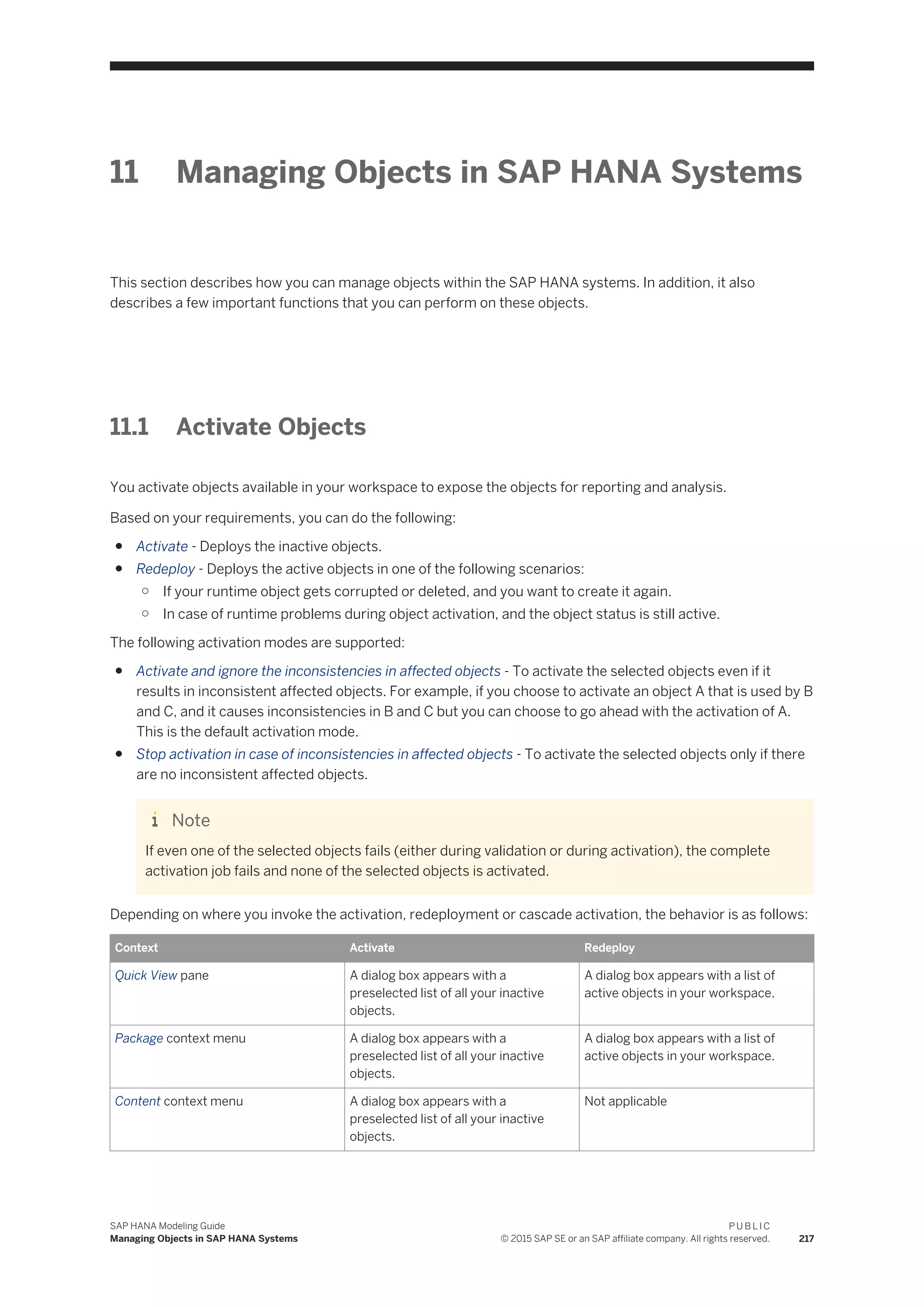 11 Managing Objects in SAP HANA Systems
This section describes how you can manage objects within the SAP HANA systems. In addition, it also
describes a few important functions that you can perform on these objects.
11.1 Activate Objects
You activate objects available in your workspace to expose the objects for reporting and analysis.
Based on your requirements, you can do the following:
● Activate - Deploys the inactive objects.
● Redeploy - Deploys the active objects in one of the following scenarios:
○ If your runtime object gets corrupted or deleted, and you want to create it again.
○ In case of runtime problems during object activation, and the object status is still active.
The following activation modes are supported:
● Activate and ignore the inconsistencies in affected objects - To activate the selected objects even if it
results in inconsistent affected objects. For example, if you choose to activate an object A that is used by B
and C, and it causes inconsistencies in B and C but you can choose to go ahead with the activation of A.
This is the default activation mode.
● Stop activation in case of inconsistencies in affected objects - To activate the selected objects only if there
are no inconsistent affected objects.
Note
If even one of the selected objects fails (either during validation or during activation), the complete
activation job fails and none of the selected objects is activated.
Depending on where you invoke the activation, redeployment or cascade activation, the behavior is as follows:
Context Activate Redeploy
Quick View pane A dialog box appears with a
preselected list of all your inactive
objects.
A dialog box appears with a list of
active objects in your workspace.
Package context menu A dialog box appears with a
preselected list of all your inactive
objects.
A dialog box appears with a list of
active objects in your workspace.
Content context menu A dialog box appears with a
preselected list of all your inactive
objects.
Not applicable
SAP HANA Modeling Guide
Managing Objects in SAP HANA Systems
P U B L I C
© 2015 SAP SE or an SAP affiliate company. All rights reserved. 217
 