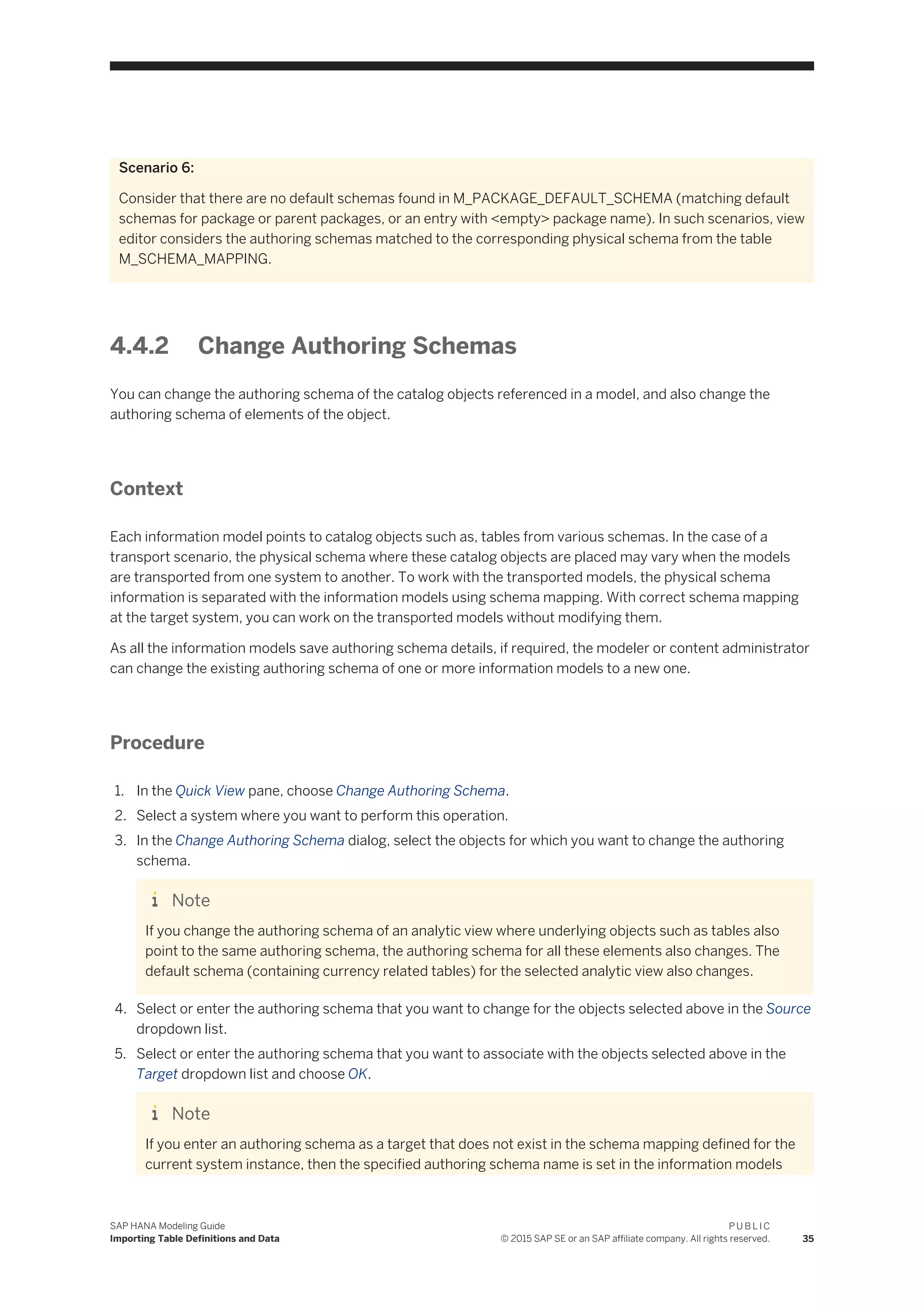 Scenario 6:
Consider that there are no default schemas found in M_PACKAGE_DEFAULT_SCHEMA (matching default
schemas for package or parent packages, or an entry with <empty> package name). In such scenarios, view
editor considers the authoring schemas matched to the corresponding physical schema from the table
M_SCHEMA_MAPPING.
4.4.2 Change Authoring Schemas
You can change the authoring schema of the catalog objects referenced in a model, and also change the
authoring schema of elements of the object.
Context
Each information model points to catalog objects such as, tables from various schemas. In the case of a
transport scenario, the physical schema where these catalog objects are placed may vary when the models
are transported from one system to another. To work with the transported models, the physical schema
information is separated with the information models using schema mapping. With correct schema mapping
at the target system, you can work on the transported models without modifying them.
As all the information models save authoring schema details, if required, the modeler or content administrator
can change the existing authoring schema of one or more information models to a new one.
Procedure
1. In the Quick View pane, choose Change Authoring Schema.
2. Select a system where you want to perform this operation.
3. In the Change Authoring Schema dialog, select the objects for which you want to change the authoring
schema.
Note
If you change the authoring schema of an analytic view where underlying objects such as tables also
point to the same authoring schema, the authoring schema for all these elements also changes. The
default schema (containing currency related tables) for the selected analytic view also changes.
4. Select or enter the authoring schema that you want to change for the objects selected above in the Source
dropdown list.
5. Select or enter the authoring schema that you want to associate with the objects selected above in the
Target dropdown list and choose OK.
Note
If you enter an authoring schema as a target that does not exist in the schema mapping defined for the
current system instance, then the specified authoring schema name is set in the information models
SAP HANA Modeling Guide
Importing Table Definitions and Data
P U B L I C
© 2015 SAP SE or an SAP affiliate company. All rights reserved. 35
 