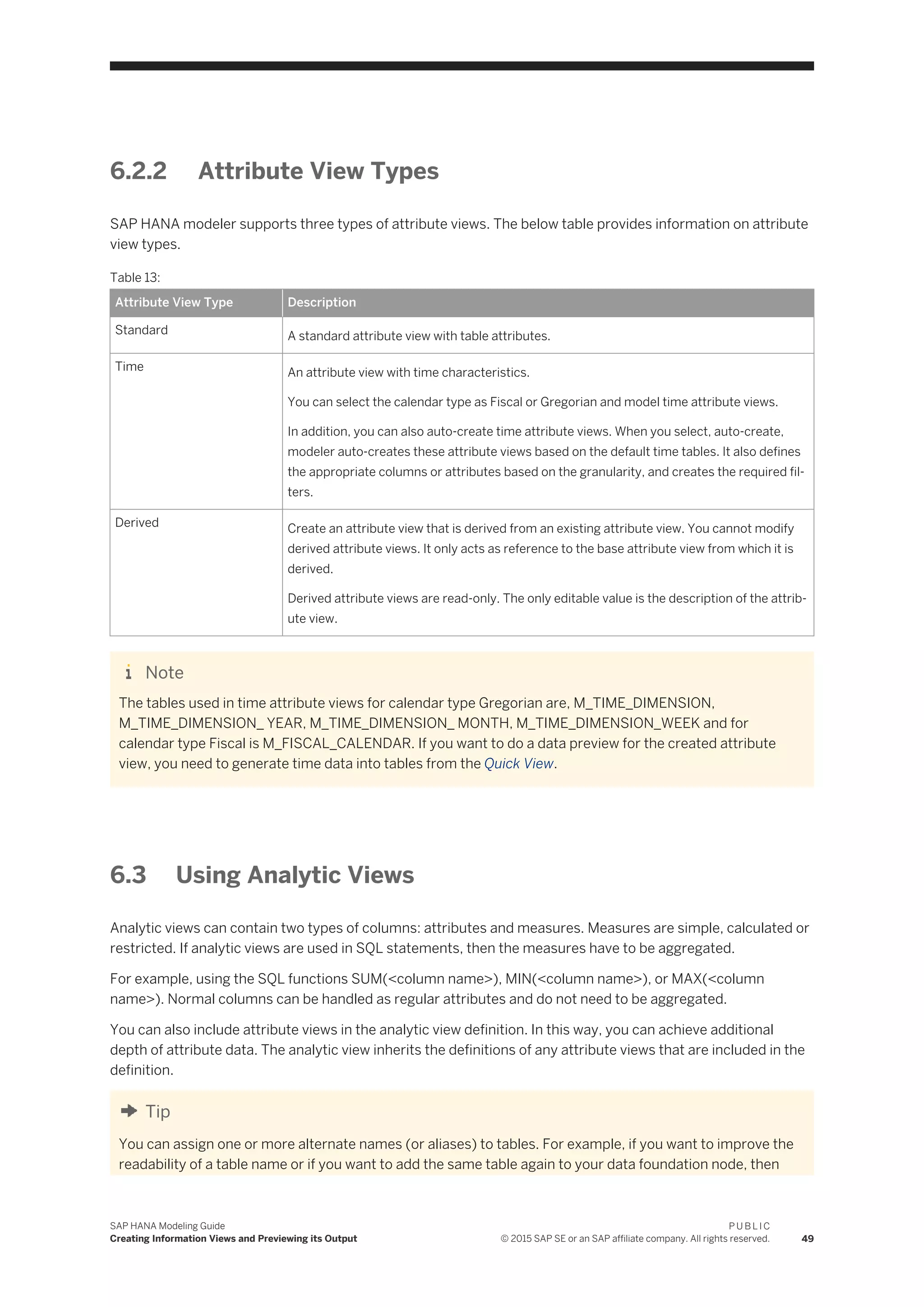 6.2.2 Attribute View Types
SAP HANA modeler supports three types of attribute views. The below table provides information on attribute
view types.
Table 13:
Attribute View Type Description
Standard A standard attribute view with table attributes.
Time An attribute view with time characteristics.
You can select the calendar type as Fiscal or Gregorian and model time attribute views.
In addition, you can also auto-create time attribute views. When you select, auto-create,
modeler auto-creates these attribute views based on the default time tables. It also defines
the appropriate columns or attributes based on the granularity, and creates the required fil­
ters.
Derived Create an attribute view that is derived from an existing attribute view. You cannot modify
derived attribute views. It only acts as reference to the base attribute view from which it is
derived.
Derived attribute views are read-only. The only editable value is the description of the attrib­
ute view.
Note
The tables used in time attribute views for calendar type Gregorian are, M_TIME_DIMENSION,
M_TIME_DIMENSION_ YEAR, M_TIME_DIMENSION_ MONTH, M_TIME_DIMENSION_WEEK and for
calendar type Fiscal is M_FISCAL_CALENDAR. If you want to do a data preview for the created attribute
view, you need to generate time data into tables from the Quick View.
6.3 Using Analytic Views
Analytic views can contain two types of columns: attributes and measures. Measures are simple, calculated or
restricted. If analytic views are used in SQL statements, then the measures have to be aggregated.
For example, using the SQL functions SUM(<column name>), MIN(<column name>), or MAX(<column
name>). Normal columns can be handled as regular attributes and do not need to be aggregated.
You can also include attribute views in the analytic view definition. In this way, you can achieve additional
depth of attribute data. The analytic view inherits the definitions of any attribute views that are included in the
definition.
Tip
You can assign one or more alternate names (or aliases) to tables. For example, if you want to improve the
readability of a table name or if you want to add the same table again to your data foundation node, then
SAP HANA Modeling Guide
Creating Information Views and Previewing its Output
P U B L I C
© 2015 SAP SE or an SAP affiliate company. All rights reserved. 49
 