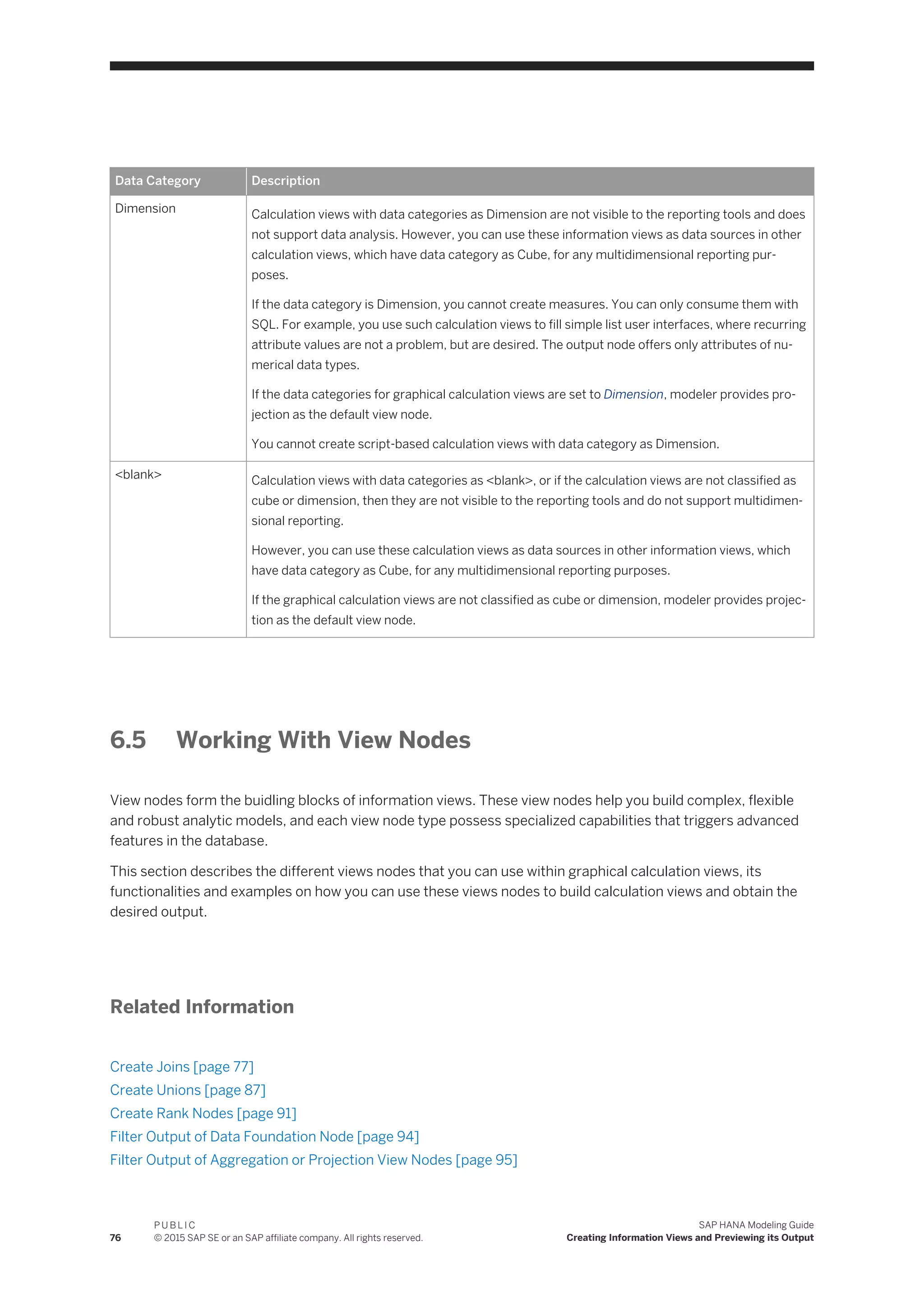 Data Category Description
Dimension Calculation views with data categories as Dimension are not visible to the reporting tools and does
not support data analysis. However, you can use these information views as data sources in other
calculation views, which have data category as Cube, for any multidimensional reporting pur­
poses.
If the data category is Dimension, you cannot create measures. You can only consume them with
SQL. For example, you use such calculation views to fill simple list user interfaces, where recurring
attribute values are not a problem, but are desired. The output node offers only attributes of nu­
merical data types.
If the data categories for graphical calculation views are set to Dimension, modeler provides pro­
jection as the default view node.
You cannot create script-based calculation views with data category as Dimension.
<blank> Calculation views with data categories as <blank>, or if the calculation views are not classified as
cube or dimension, then they are not visible to the reporting tools and do not support multidimen­
sional reporting.
However, you can use these calculation views as data sources in other information views, which
have data category as Cube, for any multidimensional reporting purposes.
If the graphical calculation views are not classified as cube or dimension, modeler provides projec­
tion as the default view node.
6.5 Working With View Nodes
View nodes form the buidling blocks of information views. These view nodes help you build complex, flexible
and robust analytic models, and each view node type possess specialized capabilities that triggers advanced
features in the database.
This section describes the different views nodes that you can use within graphical calculation views, its
functionalities and examples on how you can use these views nodes to build calculation views and obtain the
desired output.
Related Information
Create Joins [page 77]
Create Unions [page 87]
Create Rank Nodes [page 91]
Filter Output of Data Foundation Node [page 94]
Filter Output of Aggregation or Projection View Nodes [page 95]
76
P U B L I C
© 2015 SAP SE or an SAP affiliate company. All rights reserved.
SAP HANA Modeling Guide
Creating Information Views and Previewing its Output
 