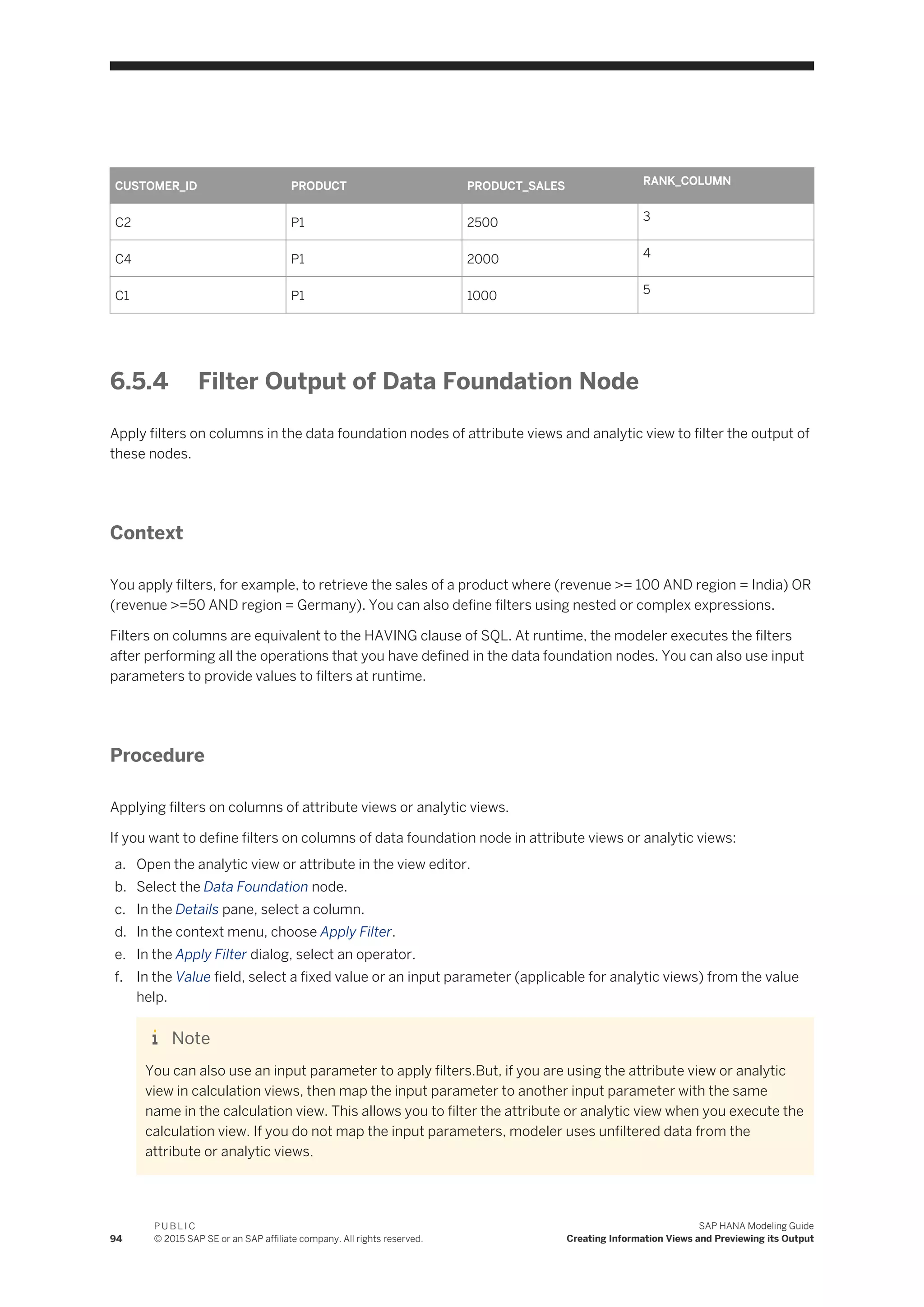 CUSTOMER_ID PRODUCT PRODUCT_SALES RANK_COLUMN
C2 P1 2500 3
C4 P1 2000 4
C1 P1 1000 5
6.5.4 Filter Output of Data Foundation Node
Apply filters on columns in the data foundation nodes of attribute views and analytic view to filter the output of
these nodes.
Context
You apply filters, for example, to retrieve the sales of a product where (revenue >= 100 AND region = India) OR
(revenue >=50 AND region = Germany). You can also define filters using nested or complex expressions.
Filters on columns are equivalent to the HAVING clause of SQL. At runtime, the modeler executes the filters
after performing all the operations that you have defined in the data foundation nodes. You can also use input
parameters to provide values to filters at runtime.
Procedure
Applying filters on columns of attribute views or analytic views.
If you want to define filters on columns of data foundation node in attribute views or analytic views:
a. Open the analytic view or attribute in the view editor.
b. Select the Data Foundation node.
c. In the Details pane, select a column.
d. In the context menu, choose Apply Filter.
e. In the Apply Filter dialog, select an operator.
f. In the Value field, select a fixed value or an input parameter (applicable for analytic views) from the value
help.
Note
You can also use an input parameter to apply filters.But, if you are using the attribute view or analytic
view in calculation views, then map the input parameter to another input parameter with the same
name in the calculation view. This allows you to filter the attribute or analytic view when you execute the
calculation view. If you do not map the input parameters, modeler uses unfiltered data from the
attribute or analytic views.
94
P U B L I C
© 2015 SAP SE or an SAP affiliate company. All rights reserved.
SAP HANA Modeling Guide
Creating Information Views and Previewing its Output
 
