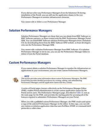 Solution Performance Managers


        If you did not select any Performance Managers from the Solutions CD during
        installation of the Portal, you can still use the application classes in the core
        Performance Managers to monitor infrastructure elements.

        You cannot edit or delete a core Performance Manager.



Solution Performance Managers
        Solution Performance Managers are those that you can obtain from BMC Software or
        BMC Software partners, or those created with the BMC Performance Manager Portal
        SDK. You can install BMC Software solution Performance Managers from a Solutions
        CD, by downloading them from the BMC Software EPD website, or from developers
        who use the Performance Manager SDK.

        You cannot edit a solution Performance Manager from BMC Software. If a solution
        Performance Manager is not in use, you can use the Performance Manager Editor to
        delete it from the Portal database.



Custom Performance Managers
        If you cannot obtain a solution Performance Manager to monitor the infrastructure or
        applications in your environment, you can create custom Performance Managers.


           NOTE
        This section provides some information about custom Performance Managers. The BMC
        Portal Help provides detailed procedures for creating, editing, and administering
        Performance Managers and the application classes that they contain.


        A series of Portal pages, known collectively as the Performance Manager Editor
        (PME), enables Portal administrators to create custom application classes for the
        Portal and its users. The Performance Managers page, described in Table 12, acts as
        the main page for the PME, and provides the starting point for accessing all of the
        features required to administer Performance Managers on your Portal.

        When you edit a published custom Performance Manager, the PME creates and opens
        a copy of the selected Performance Manager in the editor. In this copy, you can edit
        any custom or solution application class that uses PerfMon, SNMP, or command shell
        protocols to collect data.




                                    Chapter 5   Performance Managers and application classes   131
 