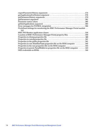 exportParameterHistory arguments . . . . . . . . . . . . . . . . . . . . . . . . . . . . . . . . . . . . . . . . 274
            getApplicationsForElement argument . . . . . . . . . . . . . . . . . . . . . . . . . . . . . . . . . . . . . . 276
            getParameterHistory arguments . . . . . . . . . . . . . . . . . . . . . . . . . . . . . . . . . . . . . . . . . . . 279
            getParameters argument . . . . . . . . . . . . . . . . . . . . . . . . . . . . . . . . . . . . . . . . . . . . . . . . . 281
            Parameter status values . . . . . . . . . . . . . . . . . . . . . . . . . . . . . . . . . . . . . . . . . . . . . . . . . . 282
            getSubApplications argument . . . . . . . . . . . . . . . . . . . . . . . . . . . . . . . . . . . . . . . . . . . . . 283
            Error messages for PATROL integration . . . . . . . . . . . . . . . . . . . . . . . . . . . . . . . . . . . . 304
            Predefined settings for monitoring the BMC Performance Manager Portal module . .
               312
            BMC PM Monitor application classes . . . . . . . . . . . . . . . . . . . . . . . . . . . . . . . . . . . . . . . 316
            Location of BMC Performance Manager Portal property files . . . . . . . . . . . . . . . . . . 320
            Properties in drmop.properties file . . . . . . . . . . . . . . . . . . . . . . . . . . . . . . . . . . . . . . . . . . . 322
            Properties in rsmcfg.properties file . . . . . . . . . . . . . . . . . . . . . . . . . . . . . . . . . . . . . . . . 341
            Properties in the padm.properties file . . . . . . . . . . . . . . . . . . . . . . . . . . . . . . . . . . . . . . 341
            Properties in rsm-RsmHostName.properties file on the RSM computer . . . . . . . . . . 342
            Properties in the rsm.properties file on the RSM computer . . . . . . . . . . . . . . . . . . . . 343
            Properties in portal-PortalWebServer.properties file on the RSM computer . . . . . . 343
            JMX credentials on RSMs . . . . . . . . . . . . . . . . . . . . . . . . . . . . . . . . . . . . . . . . . . . . . . . . . 344




14   BMC Performance Manager Portal Monitoring and Management Guide
 