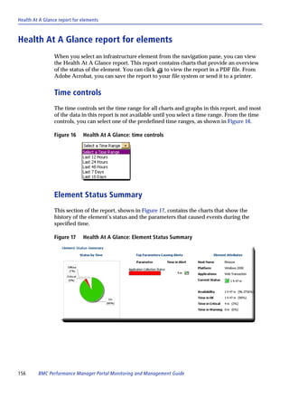 Health At A Glance report for elements



Health At A Glance report for elements
                 When you select an infrastructure element from the navigation pane, you can view
                 the Health At A Glance report. This report contains charts that provide an overview
                 of the status of the element. You can click  to view the report in a PDF file. From
                 Adobe Acrobat, you can save the report to your file system or send it to a printer.


                 Time controls
                 The time controls set the time range for all charts and graphs in this report, and most
                 of the data in this report is not available until you select a time range. From the time
                 controls, you can select one of the predefined time ranges, as shown in Figure 16.

                 Figure 16    Health At A Glance: time controls




                 Element Status Summary
                 This section of the report, shown in Figure 17, contains the charts that show the
                 history of the element’s status and the parameters that caused events during the
                 specified time.

                 Figure 17    Health At A Glance: Element Status Summary




156      BMC Performance Manager Portal Monitoring and Management Guide
 