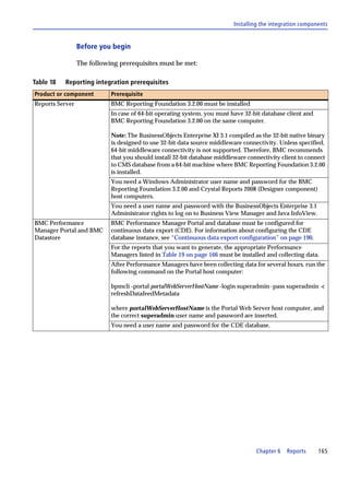 Installing the integration components


                 Before you begin

                 The following prerequisites must be met:

Table 18   Reporting integration prerequisites
Product or component        Prerequisite
Reports Server              BMC Reporting Foundation 3.2.00 must be installed
                            In case of 64-bit operating system, you must have 32-bit database client and
                            BMC Reporting Foundation 3.2.00 on the same computer.

                            Note: The BusinessObjects Enterprise XI 3.1 compiled as the 32-bit native binary
                            is designed to use 32-bit data source middleware connectivity. Unless specified,
                            64-bit middleware connectivity is not supported. Therefore, BMC recommends
                            that you should install 32-bit database middleware connectivity client to connect
                            to CMS database from a 64-bit machine where BMC Reporting Foundation 3.2.00
                            is installed.
                            You need a Windows Administrator user name and password for the BMC
                            Reporting Foundation 3.2.00 and Crystal Reports 2008 (Designer component)
                            host computers.
                            You need a user name and password with the BusinessObjects Enterprise 3.1
                            Administrator rights to log on to Business View Manager and Java InfoView.
BMC Performance             BMC Performance Manager Portal and database must be configured for
Manager Portal and BMC      continuous data export (CDE). For information about configuring the CDE
Datastore                   database instance, see “Continuous data export configuration” on page 190.
                            For the reports that you want to generate, the appropriate Performance
                            Managers listed in Table 19 on page 166 must be installed and collecting data.
                            After Performance Managers have been collecting data for several hours, run the
                            following command on the Portal host computer:

                            bpmcli -portal portalWebServerHostName -login superadmin -pass superadmin -c
                            refreshDatafeedMetadata

                            where portalWebServerHostName is the Portal Web Server host computer, and
                            the correct superadmin user name and password are inserted.
                            You need a user name and password for the CDE database.




                                                                                  Chapter 6   Reports      165
 