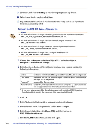 Installing the integration components


                21 (optional) Click View Detail Log to view the import process log details.

                22 When importing is complete, click Done.

                23 Log on to Java InfoView as an Administrator and verify that all the reports and
                      their instances are imported.

                 To import the BMC_PM-BusinessView.xml file
                          NOTE
                  s       For BMC Performance Manager for Web Application Servers, import and refer to the
                          BMC_for_Web_Application_Servers-BusinessView.xml file.

                  s       For BMC Performance Manager for Virtual Servers, import and refer to the
                          BMC_VS-BusinessView.xml file.

                  s       For BMC Performance Manager for Oracle Fusion, import and refer to the
                          BMC_for_Oracle_Fusion-BusinessView.xml file.

                  s       For BMC Performance Manager for SAP, import and refer to the
                          BMC_for_SAP-BusinessView.xml file.


                 1 Choose Start => Programs => BusinessObjects XI 3.1 => BusinessObjects
                      Enterprise => Business View Manager.

                 2 In the Log On to BusinessObjects Enterprise dialog box, enter or confirm the
                      following information:


                      System              host name of the Central Management Server (CMS), if it is not present
                      User Name           user name that has the BusinessObjects Enterprise XI 3.1 Administrator
                                          privilege, if it is not present
                      Passworda           password for the user name
                      Authentication      Enterprise, unless your BusinessObjects Enterprise XI 3.1 environment
                                          was configured to use a different authentication method
                      a    If you have set a password for the Administrator while installing BMC Reporting
                           Foundation 3.2.00, specify that password. Else, leave this field blank.


                 3 Click OK.

                 4 In the Welcome to Business View Manager window, click Cancel.

                 5 In the Business View Manager menu, choose Tools => Import.

                 6 In the Import dialog box, click Choose XML, and then browse to
                      BMC_PM-BusinessView.xml.

                 7 Select BMC_PM-BusinessView.xml and click Open.

170      BMC Performance Manager Portal Monitoring and Management Guide
 