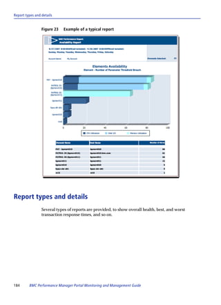 Report types and details


                 Figure 23   Example of a typical report




Report types and details
                 Several types of reports are provided, to show overall health, best, and worst
                 transaction response times, and so on.




184      BMC Performance Manager Portal Monitoring and Management Guide
 