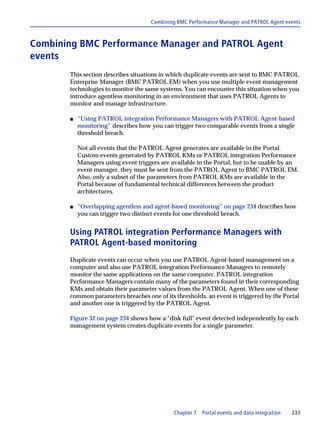 Combining BMC Performance Manager and PATROL Agent events



Combining BMC Performance Manager and PATROL Agent
events
       This section describes situations in which duplicate events are sent to BMC PATROL
       Enterprise Manager (BMC PATROL EM) when you use multiple event management
       technologies to monitor the same systems. You can encounter this situation when you
       introduce agentless monitoring in an environment that uses PATROL Agents to
       monitor and manage infrastructure.

       s   “Using PATROL integration Performance Managers with PATROL Agent-based
           monitoring” describes how you can trigger two comparable events from a single
           threshold breach.

           Not all events that the PATROL Agent generates are available in the Portal.
           Custom events generated by PATROL KMs or PATROL integration Performance
           Managers using event triggers are available in the Portal, but to be usable by an
           event manager, they must be sent from the PATROL Agent to BMC PATROL EM.
           Also, only a subset of the parameters from PATROL KMs are available in the
           Portal because of fundamental technical differences between the product
           architectures.

       s   “Overlapping agentless and agent-based monitoring” on page 234 describes how
           you can trigger two distinct events for one threshold breach.


       Using PATROL integration Performance Managers with
       PATROL Agent-based monitoring
       Duplicate events can occur when you use PATROL Agent-based management on a
       computer and also use PATROL integration Performance Managers to remotely
       monitor the same applications on the same computer. PATROL integration
       Performance Managers contain many of the parameters found in their corresponding
       KMs and obtain their parameter values from the PATROL Agent. When one of these
       common parameters breaches one of its thresholds, an event is triggered by the Portal
       and another one is triggered by the PATROL Agent.

       Figure 32 on page 234 shows how a "disk full" event detected independently by each
       management system creates duplicate events for a single parameter.




                                              Chapter 7   Portal events and data integration   233
 