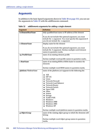 addElements: adding a single element



                Arguments
                In addition to the basic bpmcli arguments shown in Table 30 on page 253, you can use
                the arguments in Table 32 with the addElements command.

                Table 32     addElements arguments for adding a single element
                 Argument                    Definition
                 -h ElementHostName          fully-qualified host name or IP address of the element

                                             If you do not include this optional argument, you must
                                             include the -e argument. You must specify this argument if
                                             you do not include the -e argument.
                 -e ElementName              display name for the element

                                             If you do not include this optional argument, you must
                                             include the -h argument. Enclose multiple-word element
                                             names in quotation marks.
                 -ep ProfileName             name of an existing element profile

                                             Enclose multiple-word profile names in quotation marks.
                 -r RsmName                  name of an existing RSM or RSM cluster to monitor the
                                             elements

                                             Enclose multiple-word RSM names in quotation marks.
                 -platform PlatformName      name of the platform as it appears in the following list:

                                              s   AIX
                                              s   HP-UX
                                              s   Linux
                                              s   Network Firewall
                                              s   Network Load Balancer
                                              s   Network Router
                                              s   Network Switch
                                              s   Open VMS
                                              s   Other
                                              s   Solaris
                                              s   Storage
                                              s   Tru64 UNIX
                                              s   Windows
                                              s   Windows 2000
                                              s   Windows 2003
                                              s   Windows XP

                                             Enclose multiple-word platform names in quotation marks.
                 -g ObjectGroup              name of the existing object group to which the elements will
                                             belong

                                             Enclose multiple-word object group names in quotation
                                             marks.



256      BMC Performance Manager Portal Monitoring and Management Guide
 