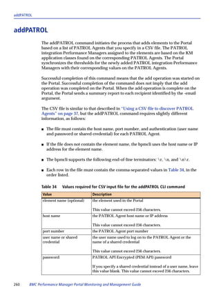 addPATROL



addPATROL
             The addPATROL command initiates the process that adds elements to the Portal
             based on a list of PATROL Agents that you specify in a CSV file. The PATROL
             integration Performance Managers assigned to the elements are based on the KM
             application classes found on the corresponding PATROL Agents. The Portal
             synchronizes the thresholds for the newly added PATROL integration Performance
             Managers with their corresponding values on the PATROL Agents.

             Successful completion of this command means that the add operation was started on
             the Portal. Successful completion of the command does not imply that the add
             operation was completed on the Portal. When the add operation is complete on the
             Portal, the Portal sends a summary report to each recipient identified by the -email
             argument.

             The CSV file is similar to that described in “Using a CSV file to discover PATROL
             Agents” on page 37, but the addPATROL command requires slightly different
             information, as follows:

             s   The file must contain the host name, port number, and authentication (user name
                 and password or shared credential) for each PATROL Agent.

             s   If the file does not contain the element name, the bpmcli uses the host name or IP
                 address for the element name.

             s   The bpmcli supports the following end-of-line terminators: r, n, and nr.

             s   Each row in the file must contain the comma-separated values in Table 34, in the
                 order listed.

             Table 34     Values required for CSV input file for the addPATROL CLI command
              Value                       Description
              element name (optional)     the element used in the Portal

                                          This value cannot exceed 256 characters.
              host name                   the PATROL Agent host name or IP address

                                          This value cannot exceed 256 characters.
              port number                 the PATROL Agent port number
              user name or shared         the user name used to log on to the PATROL Agent or the
              credential                  name of a shared credential

                                          This value cannot exceed 256 characters.
              password                    PATROL API Encrypted (PEM API) password

                                          If you specify a shared credential instead of a user name, leave
                                          this value blank. This value cannot exceed 256 characters.


260    BMC Performance Manager Portal Monitoring and Management Guide
 