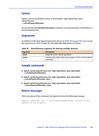 refreshDatafeedMetadata



Syntax
bpmcli -portal PortalWebServerName -p PortNumber -login adminName -pass
adminPassword
-c refreshDatafeedMetadata

To execute the refreshDatafeedMetadata command, you must provide credentials for a
Portal administrator.


Arguments
In addition to the basic bpmcli arguments shown in Table 30 on page 253, you can use
the argument in Table 38 with the refreshDatafeedMetadata command.

Table 38    deleteElements argument for deleting multiple elements
Argument                      Description
-abort                        stops the active refresh operation
-status                       returns information about the progress of the current refresh
                              operation


Sample commands
s   bpmcli -portal myportal.acme.com -login superadmin -pass superadmin
    -c refreshDatafeedMetadata

s   bpmcli -portal myportal.acme.com -login superadmin -pass superadmin -
    c refreshDatafeedMetadata -abort

s   bpmcli -portal myportal.acme.com -login superadmin -pass superadmin
    -c refreshDatafeedMetadata -status


Return messages
After execution of the command, the bpmcli returns the following message:

Request submitted. Run "-c refreshDatafeedMetadata -status" to get
updates on the progress.




                   Chapter 8 BMC Performance Manager Portal command-line interface      265
 