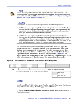 exportParameterHistory



                        NOTE
                 You can also configure the Historical Data Export utility to run in the absence of a CDE
                 database instance. To configure the exportParameterHistory and refreshDatafeedMetadata
                 commands to run without a CDE database instance, see “Alternate configuration settings for
                 Historical Data Export commands” on page 275.



                       EXAMPLE
                 You might run the exportParameterHistory command in the following scenarios:

                   s    On February 1, you begin using the Portal to monitor your infrastructure. On June 1, you
                        configure the Portal to continuously export raw data values to an external database. To
                        populate the external database with the historical data values between February 1 and
                        June 1, you run the exportParameterHistory command.

                   s    On February 1, you begin using the Portal to monitor your infrastructure. You also
                        configure the Portal to continuously export raw data values for selected parameters to an
                        external database. On June 1, you modify the Continuous Data Export utility to export
                        additional parameters to the external database. To capture parameter data values for the
                        newly specified parameters, you run the exportParameterHistory command.


                 You cannot use the exportParameterHistory command to fill in data gaps. The
                 exportParameterHistory command looks for the oldest data point in the external
                 database and compares it with the start date. The utility adds summarized data
                 values to the external database until it finds parameter data. If the Historical Data
                 Export finds data at the start date, it will end. As illustrated in Figure 41, if you
                 specify January 1 as the start date and the utility finds data values for January 10, the
                 utility adds summarized values for January 1 to January 10, and then ends.

Figure 41      How the Historical Data Export utility uses the startData argument
                                                                                                   June
   January 1




                                                                                                          The utility does not add data for these gaps.

                If you specify January 1 to fill in the data gaps, the utility will stop when it finds data.
                                                                                                                                     Period with data


                                                                                                                                     Period without data




                 Syntax
                 bpmcli -portal PortalWebServerName -p PortNumber -login UserName -pass UserPassword
                 -c exportParameterHistory -startDate "yyyy/mm/dd hh:mm:ss"

                 To execute the exportParameterHistory command, you must provide credentials for a
                 Portal administrator.



                                                   Chapter 8 BMC Performance Manager Portal command-line interface                                         273
 