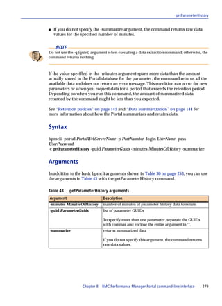 getParameterHistory


s   If you do not specify the -summarize argument, the command returns raw data
    values for the specified number of minutes.


     NOTE
Do not use the -q (quiet) argument when executing a data extraction command; otherwise, the
command returns nothing.



If the value specified in the -minutes argument spans more data than the amount
actually stored in the Portal database for the parameter, the command returns all the
available data and does not return an error message. This condition can occur for new
parameters or when you request data for a period that exceeds the retention period.
Depending on when you run this command, the amount of summarized data
returned by the command might be less than you expected.

See “Retention policies” on page 145 and “Data summarization” on page 144 for
more information about how the Portal summarizes and retains data.


Syntax
bpmcli -portal PortalWebServerName -p PortNumber -login UserName -pass
UserPassword
-c getParameterHistory -guid ParameterGuids -minutes MinutesOfHistory -summarize


Arguments
In addition to the basic bpmcli arguments shown in Table 30 on page 253, you can use
the arguments in Table 43 with the getParameterHistory command.

Table 43    getParameterHistory arguments
Argument                       Description
-minutes MinutesOfHistory      number of minutes of parameter history data to return
-guid ParameterGuids           list of parameter GUIDs

                               To specify more than one parameter, separate the GUIDs
                               with commas and enclose the entire argument in "".
-summarize                     returns summarized data

                               If you do not specify this argument, the command returns
                               raw data values.




                   Chapter 8 BMC Performance Manager Portal command-line interface        279
 