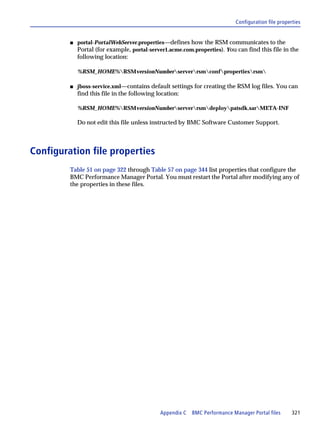 Configuration file properties


         s   portal-PortalWebServer.properties—defines how the RSM communicates to the
             Portal (for example, portal-server1.acme.com.properties). You can find this file in the
             following location:

             %RSM_HOME%RSMversionNumberserverrsmconfpropertiesrsm

         s   jboss-service.xml—contains default settings for creating the RSM log files. You can
             find this file in the following location:

             %RSM_HOME%RSMversionNumberserverrsmdeploypatsdk.sarMETA-INF

             Do not edit this file unless instructed by BMC Software Customer Support.



Configuration file properties
         Table 51 on page 322 through Table 57 on page 344 list properties that configure the
         BMC Performance Manager Portal. You must restart the Portal after modifying any of
         the properties in these files.




                                              Appendix C   BMC Performance Manager Portal files      321
 