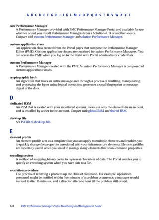 A B C D E F G H I J K L M N O P Q R S T U V W X Y Z


core Performance Manager
    A Performance Manager provided with BMC Performance Manager Portal and available for use
    whether or not you install Performance Managers from a Solutions CD or another source.
    Compare with custom Performance Manager and solution Performance Manager.

custom application class
    An application class created from the Portal pages that compose the Performance Manager
    Editor (PME). Custom application classes are contained in custom Performance Managers. You
    can access the PME when you log on to the Portal with Portal administrator credentials.

custom Performance Manager
    A Performance Manager created with the PME. A custom Performance Manager is composed of
    custom application classes.

cryptographic hash
    An algorithm that takes an entire message and, through a process of shuffling, manipulating,
    and processing the bytes using logical operations, generates a small fingerprint or message
    digest of the data.


D
dedicated RSM
    An RSM that is located with your monitored systems, measures only the elements in an account,
    and is installed by a user in the account. Compare with global RSM and shared RSM.

desktop file
    See PATROL desktop file.


E
element profile
    An element profile acts as a template that you can apply to multiple elements and enables you
    to quickly change the properties associated with your infrastructure elements. Element profiles
    are especially useful when you need to manage many elements that share common properties.

encoding system
    A method of assigning binary codes to represent characters of data. The Portal enables you to
    specify an encoding system when you save data to a file.

escalation procedure
    The process of referring a problem up the chain of command. For example, operations
    personnel might be notified within five minutes of a problem occurrence, a manager would
    learn of it after 15 minutes, and a director after one hour (if the problem still exists).




348     BMC Performance Manager Portal Monitoring and Management Guide
 