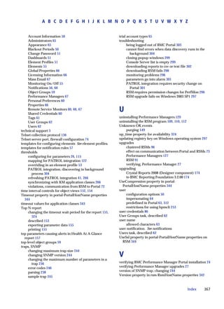 A B C D E F G H I J K L M N O P Q R S T U V W X Y Z


     Account Information 50                                 trial account types 65
     Administrators 65                                      troubleshooting
     Appearance 65                                                being logged out of BMC Portal 303
     Blackout Periods 50                                          cannot find errors when data discovery runs in the
     Change Password 51                                             background 304
     Dashboards 51                                                closing popup windows 299
     Element Profiles 51                                          Console Server list is empty 299
     Elements 55                                                  downloading reports to csv or text file 302
     Global Properties 66                                         downloading RSM fails 298
     Licensing Information 66                                     monitoring problems 296
     Mass Email 67                                                parameters go into alarm 301
     Monitoring On/Off 55                                         PATROL integration requires security change on
     Notifications 56, 66                                           Portal 301
     Object Groups 59                                             RSM requires permission changes for PerfMon 296
     Performance Managers 67                                      RSM upgrade fails on Windows 2003 SP1 297
     Personal Preferences 60
     Properties 66
     Remote Service Monitors 60, 66, 67
     Shared Credentials 60
                                                            U
     Tags 61                                                uninstalling Performance Managers 129
     User Groups 62                                         uninstalling the RSM program 109, 110, 112
     Users 62                                               Unknown-OK events
technical support 3                                              purging 149
Telnet collection protocol 136                              up_time property for availability 324
Telnet server port, firewall configuration 74               updating registry key on Windows operating system 297
templates for configuring elements See element profiles.    upgrades
templates for notification rules 57                              clustered RSMs 96
thresholds                                                       effect on communication between Portal and RSMs 73
     configuring for parameters 26, 115                          Performance Managers 127
     mapping for PATROL integration 122                          RSM 91
     overriding in an element profile 53                         verifying, Performance Manager 27
     PATROL integration, discovering in background          upgrading
        process 304                                              Crystal Reports 2008 (Designer component) 174
     refreshing PATROL integration 41, 266                       to BMC Reporting Foundation 3.2.00 174
     synchronizing with KM application classes 266          UseCompression property in portal-
     violations, communication from RSM to Portal 72          PortalHostName.properties 344
time interval controls for object views 152, 154            user
Timeout property in portal-PortalHostName.properties             configuration options 50
   344                                                           impersonating 64
timeout values for application classes 343                       predefined in Portal 63, 312
Top N report                                                     restrictions for using bpmcli 253
     changing the timeout wait period for the report 155,   user credentials 86
        324                                                 User Groups task, described 62
     described 153                                          user name
     exporting parameter data 155                                allowed characters 63
     printing 155                                           user notification. See notifications
top parameters causing alerts in Health At A Glance         Users task, described 62
   report 157                                               UseSsl property in portal-PortalHostName.properties on
top-level object groups 59                                    RSM 344
traps, SNMP
     changing maximum trap size 244
     changing SNMP version 244
     changing the maximum number of parameters in a
                                                            V
        trap 236                                            verifying BMC Performance Manager Portal installation 24
     error codes 246                                        verifying Performance Manager upgrades 27
     parsing 238                                            version of SNMP trap, changing 244
     sample trap 245                                        Version property in rsm-RsmHostName.properties 342



                                                                                                        Index      367
 