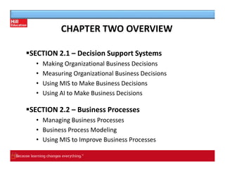 CHAPTER TWO OVERVIEW
▪SECTION 2.1 – Decision Support Systems
• Making Organizational Business Decisions
• Measuring Organizational Business Decisions
• Using MIS to Make Business Decisions
• Using AI to Make Business Decisions
▪SECTION 2.2 – Business Processes
• Managing Business Processes
• Business Process Modeling
• Using MIS to Improve Business Processes
 