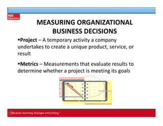 MEASURING ORGANIZATIONAL
BUSINESS DECISIONS
▪Project – A temporary activity a company
undertakes to create a unique product, service, or
result
▪Metrics – Measurements that evaluate results to
determine whether a project is meeting its goals
 