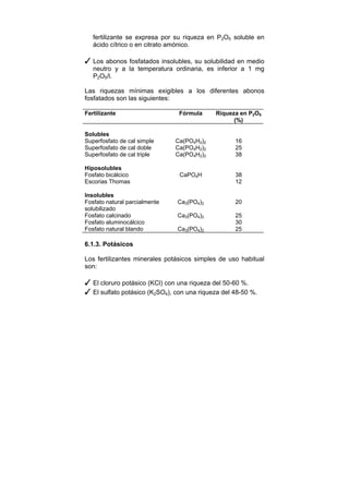 fertilizante se expresa por su riqueza en P2O5 soluble en 
ácido cítrico o en citrato amónico. 
✓ Los abonos fosfatados insolubles, su solubilidad en medio 
neutro y a la temperatura ordinaria, es inferior a 1 mg 
P2O5/l. 
Las riquezas mínimas exigibles a los diferentes abonos 
fosfatados son las siguientes: 
Fertilizante Fórmula Riqueza en P2O5 
(%) 
Solubles 
Superfosfato de cal simple Ca(PO4H2)2 16 
Superfosfato de cal doble Ca(PO4H2)2 25 
Superfosfato de cal triple Ca(PO4H2)2 38 
Hiposolubles 
Fosfato bicálcico CaPO4H 38 
Escorias Thomas 12 
Insolubles 
Fosfato natural parcialmente 
solubilizado 
Ca3(PO4)2 20 
Fosfato calcinado Ca3(PO4)2 25 
Fosfato aluminocálcico 30 
Fosfato natural blando Ca3(PO4)2 25 
6.1.3. Potásicos 
Los fertilizantes minerales potásicos simples de uso habitual 
son: 
✓ El cloruro potásico (KCl) con una riqueza del 50-60 %. 
✓ El sulfato potásico (K2SO4), con una riqueza del 48-50 %. 
 