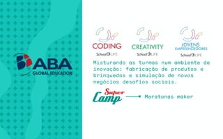 Misturando as turmas num ambiente de
inovação: fabricação de produtos e
brinquedos e simulação de novos
negócios desafios sociais.
Maratonas maker
 