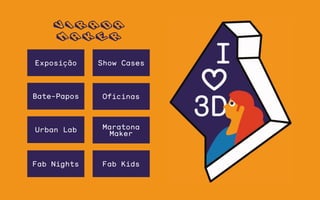 VIRADA
maker
Exposição
Oficinas
Show Cases
Bate-Papos
Maratona
Maker
Urban Lab
Fab Nights Fab Kids
 