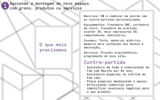 1
Apoiando a montagem do novo espaço
com grana, produtos ou serviços
O que mais
precisamos
Equipamentos: Fresadora CNC, cortadora
de vinil, fresadora de precisão,
scanner 3D, mais impressoras 3D,
computadores, mobiliário…
Insumos: Tinta, material elétrico,
madeira para confecção dos móveis e
decoração…
- Assinatura em toda a comunicação do
Fab Lab Recife por 01 ano;
- Assinatura especial na vitrine do
Fab Lab;
- Placa especial destacando o apoio;
- Articulação comercial para
identificar possíveis negócios para
o seu produto.
Contra-partida
Serviços: Projeto arquitetônico,
programação do novo site…
Recursos: R$ a combinar de acordo com
as contra-partidas personalizadas.
 