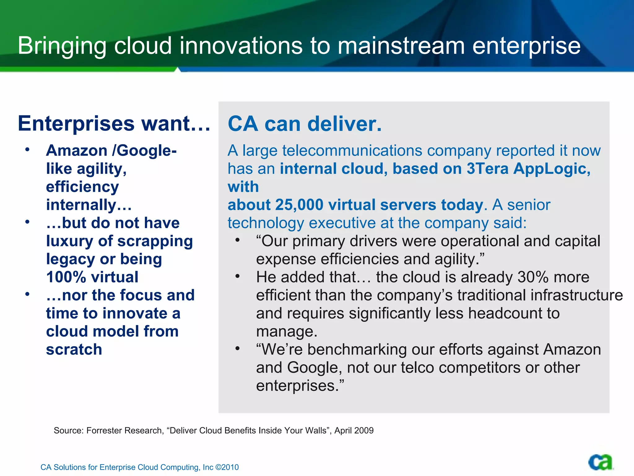 Enterprises want… Bringing cloud innovations to mainstream enterprise CA Solutions for Enterprise Cloud Computing, Inc ©2010 Amazon /Google-like agility, efficiency internally… … but do not have luxury of scrapping legacy or being 100% virtual … nor the focus and time to innovate a cloud model from scratch CA can deliver. A large telecommunications company reported it now  has an  internal cloud, based on 3Tera AppLogic, with  about 25,000 virtual servers today . A senior technology executive at the company said: “ Our primary drivers were operational and capital expense efficiencies and agility.” He added that… the cloud is already 30% more efficient than the company’s traditional infrastructure and requires significantly less headcount to manage.  “ We’re benchmarking our efforts against Amazon and Google, not our telco competitors or other enterprises.” Source: Forrester Research, “Deliver Cloud Benefits Inside Your Walls”, April 2009 