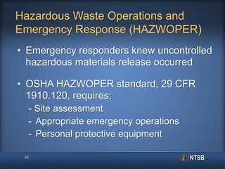 Hazardous Waste Operations and
Emergency Response (HAZWOPER)
• Emergency responders knew uncontrolled
hazardous materials release occurred
• OSHA HAZWOPER standard, 29 CFR
1910.120, requires:
- Site assessment
- Appropriate emergency operations
- Personal protective equipment
42
 