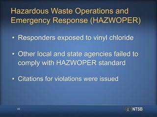 Hazardous Waste Operations and
Emergency Response (HAZWOPER)
• Responders exposed to vinyl chloride
• Other local and state agencies failed to
comply with HAZWOPER standard
• Citations for violations were issued
45
 